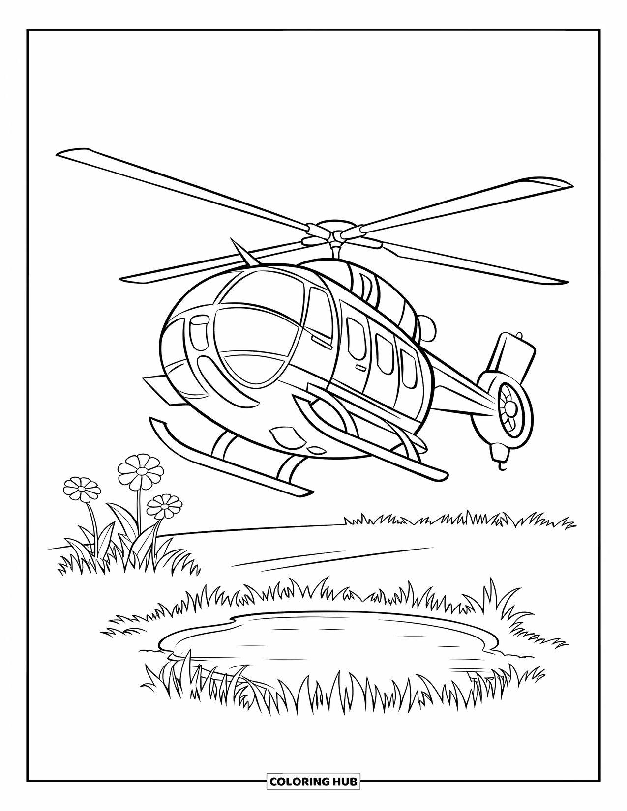 Helicopter Coloring Page for Kids: A hovering helicopter above a grassy field, with flowers and a small pond below