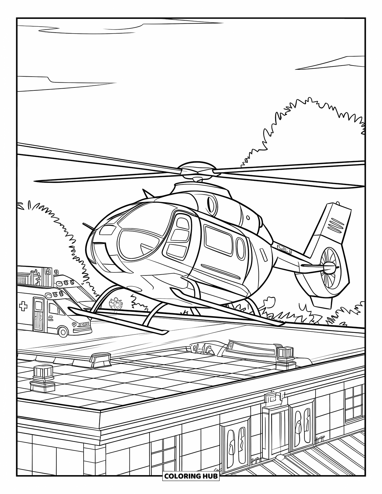 Helicopter Coloring Page for Kids: A medical helicopter lands on a hospital rooftop, with ambulances, doctors, and a cloudy sky