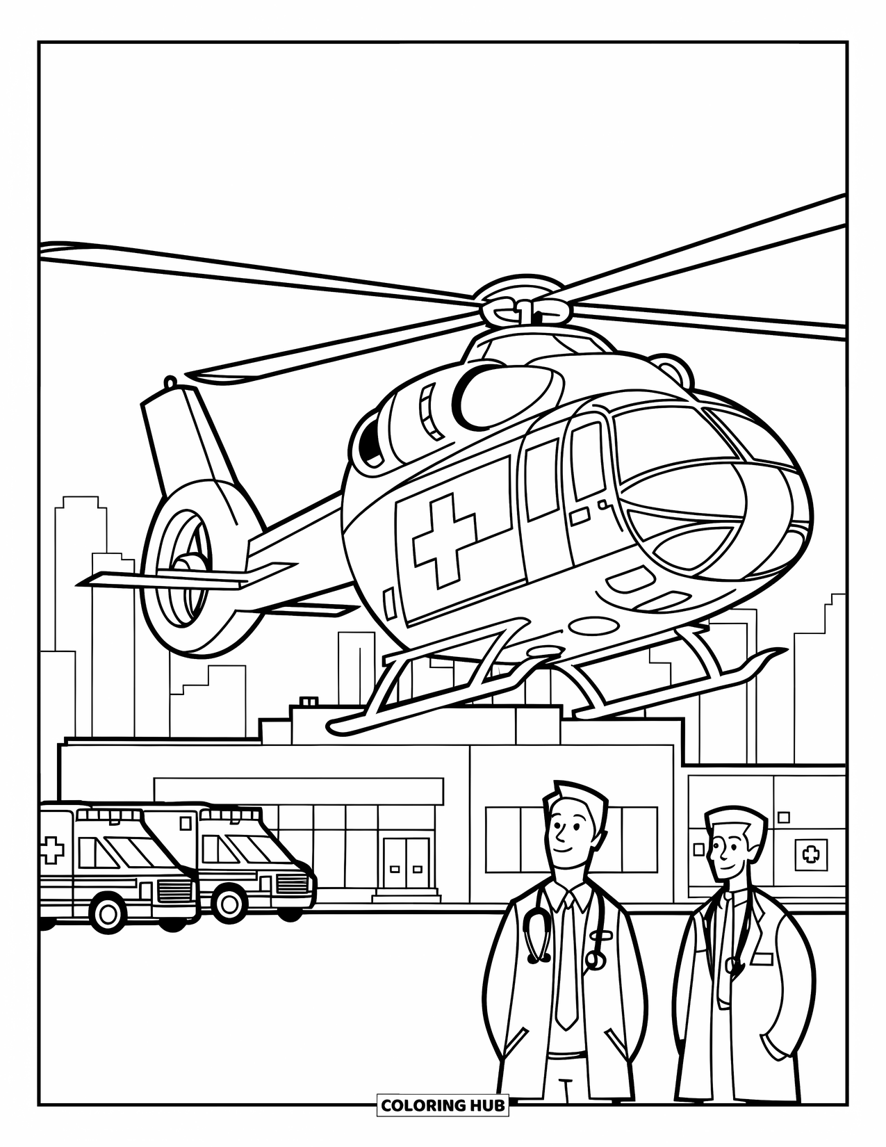 Helicopter Coloring Page for Kids: A medical helicopter with a red cross lands on a hospital roof, with ambulances nearby
