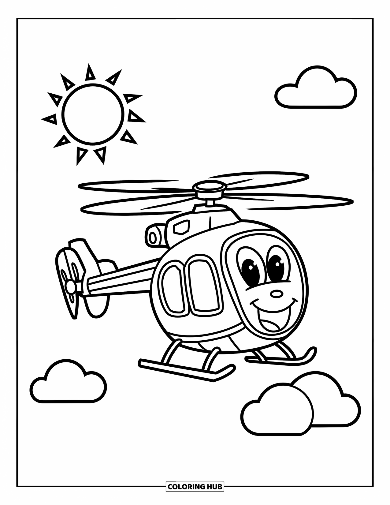 Helicopter Coloring Page for Kids: A playful helicopter with a cheerful expression, flying through an open sky with fluffy clouds