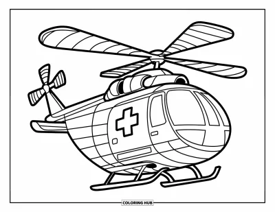 Fargeleggingsark med helikopter for barn: Et redningshelikopter med tydelige striper og et kors-symbol som flyr gjennom en åpen himmel