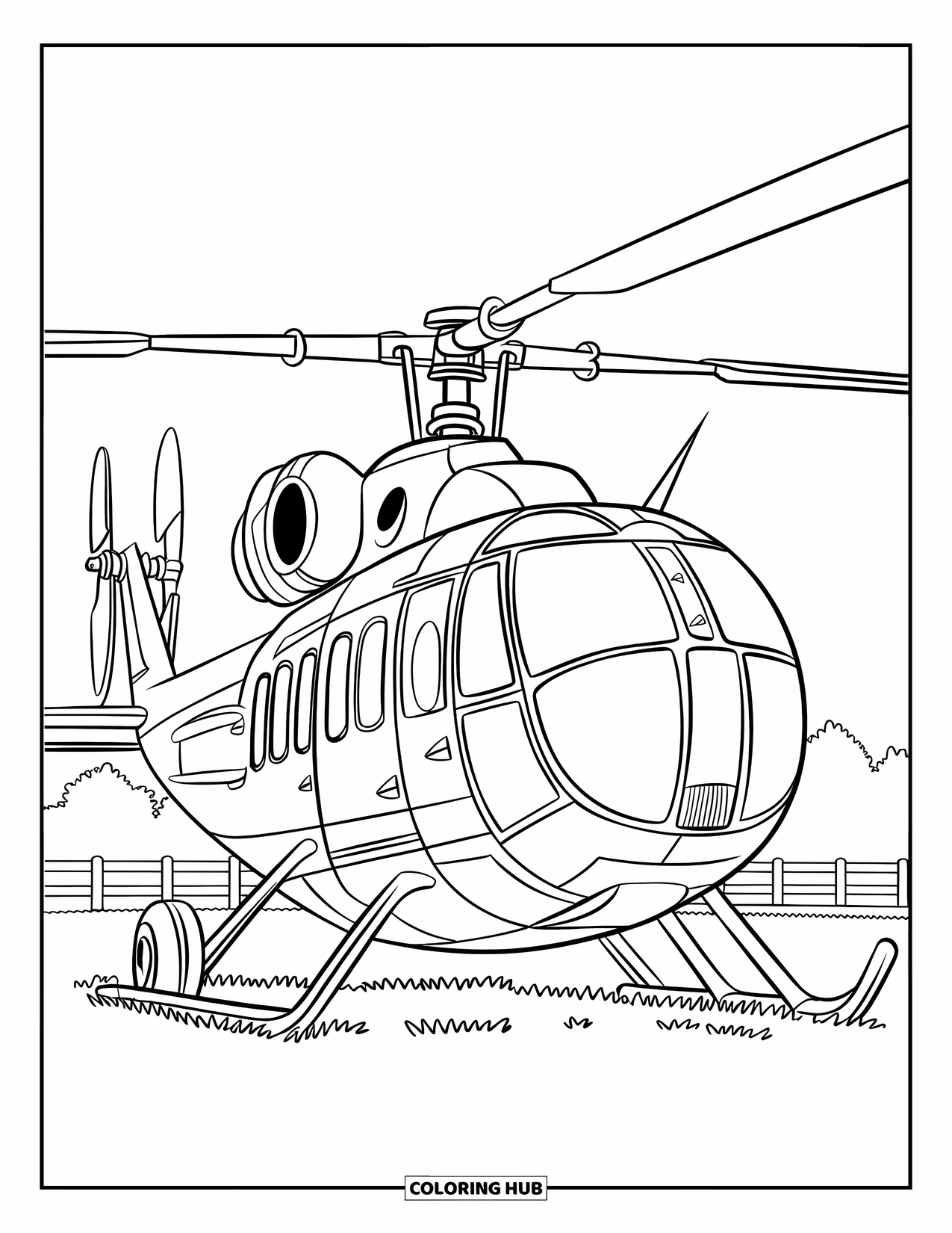 Helicopter Coloring Page for Kids: A round-bodied 1960s helicopter with a glass dome cockpit is parked on a grassy field