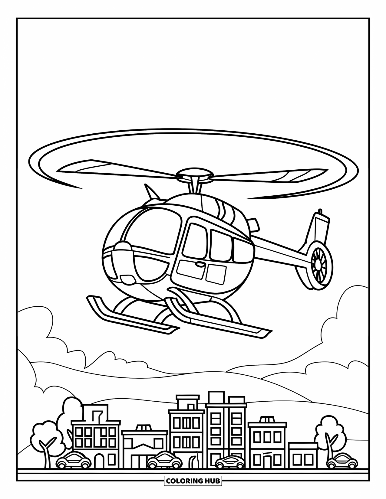 Helicopter Coloring Page for Kids: A simple helicopter hovering over a city, with streets, trees, and parked cars