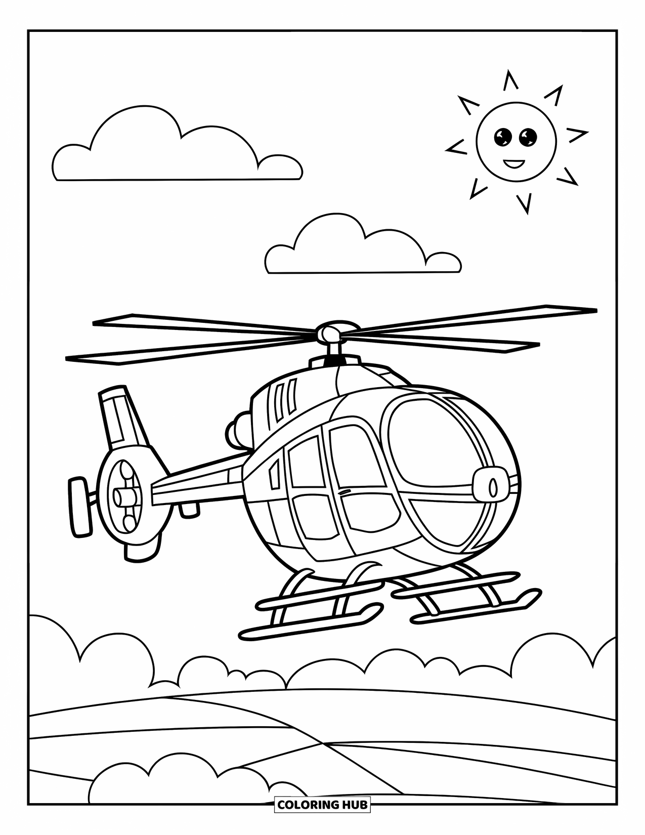 Helicopter Coloring Page for Kids: A simple helicopter with big windows, gliding through the air with a cheerful, friendly look