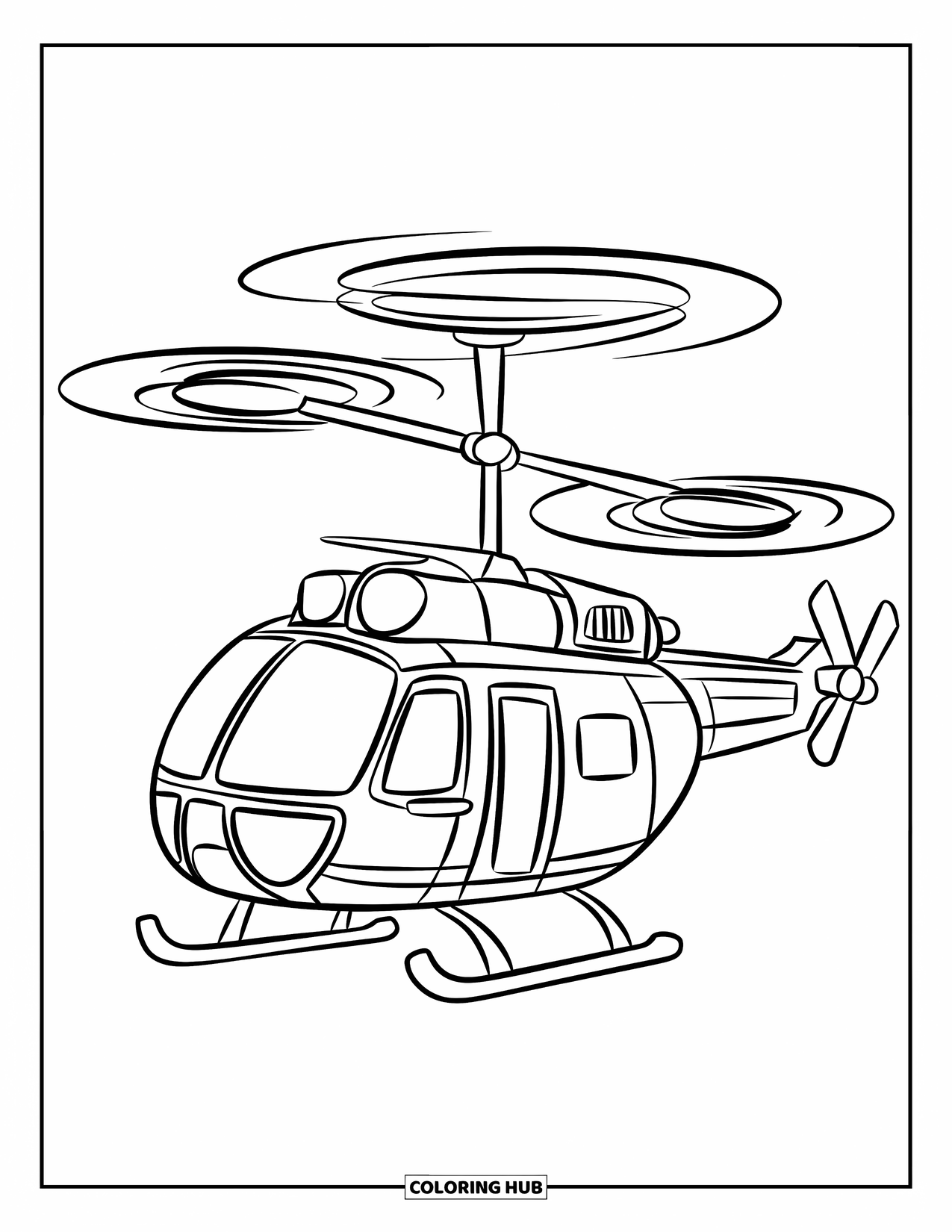Helicopter Coloring Page for Kids: A simple helicopter with bold outlines, circular rotors, and a side door, ready for takeoff