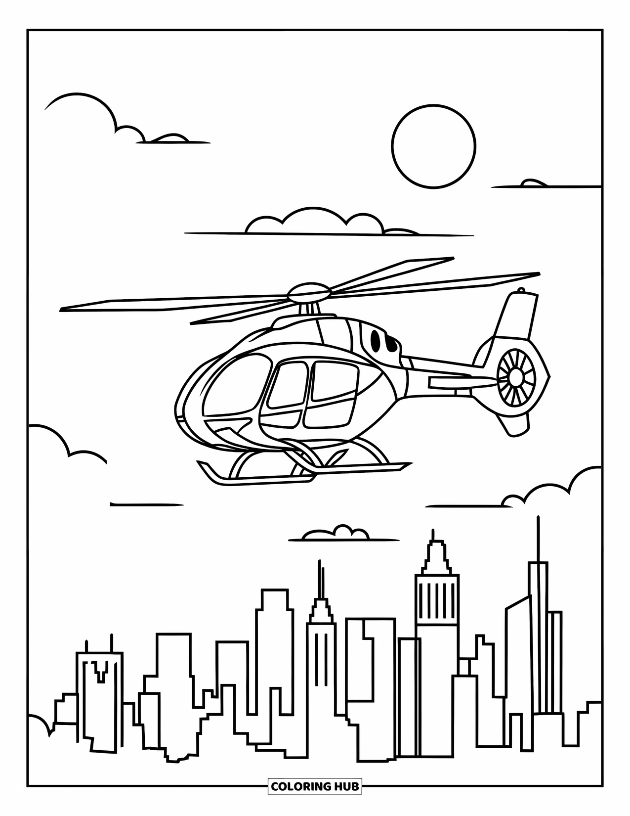 Helicopter Coloring Page for Kids: A sleek helicopter soars above a city skyline with the sun setting in the background