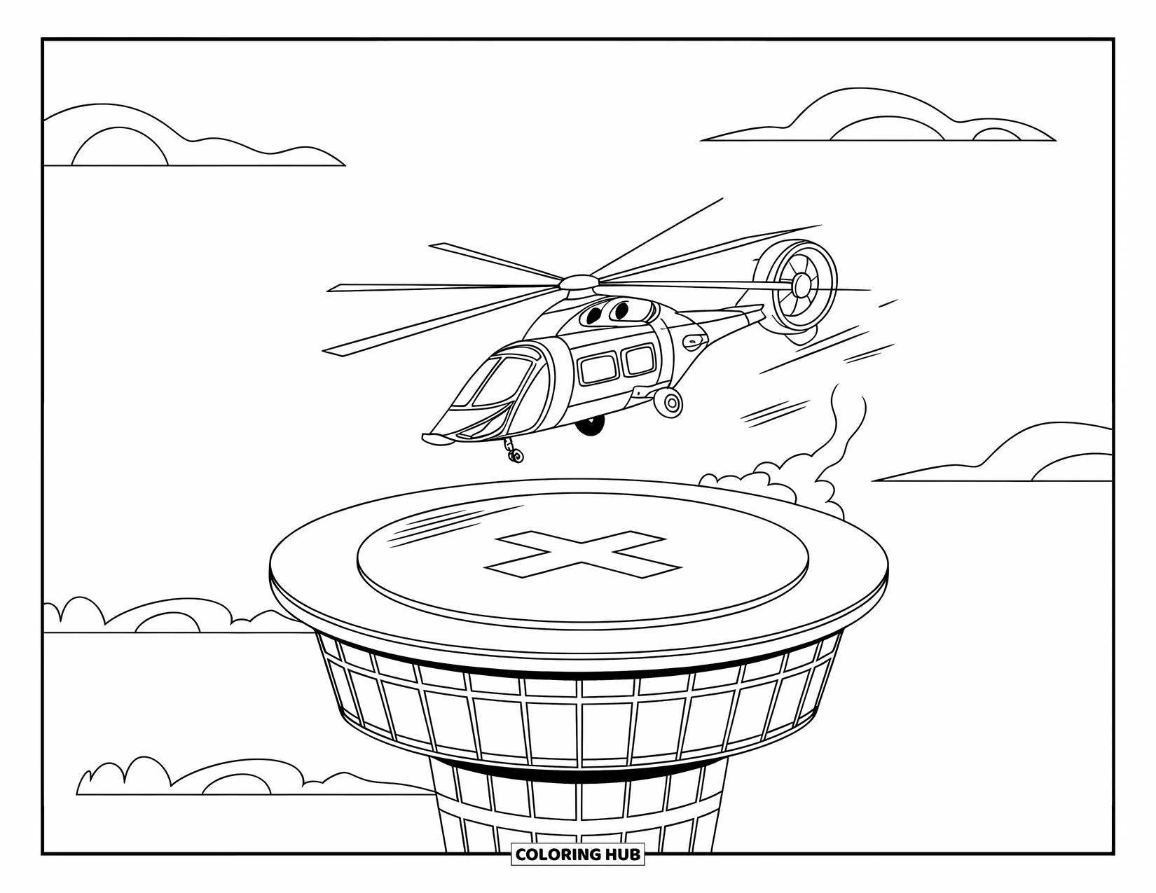 Helicopter Coloring Page for Kids: A sleek helicopter with a bubble-shaped cabin lands on a helipad marked with a large "X