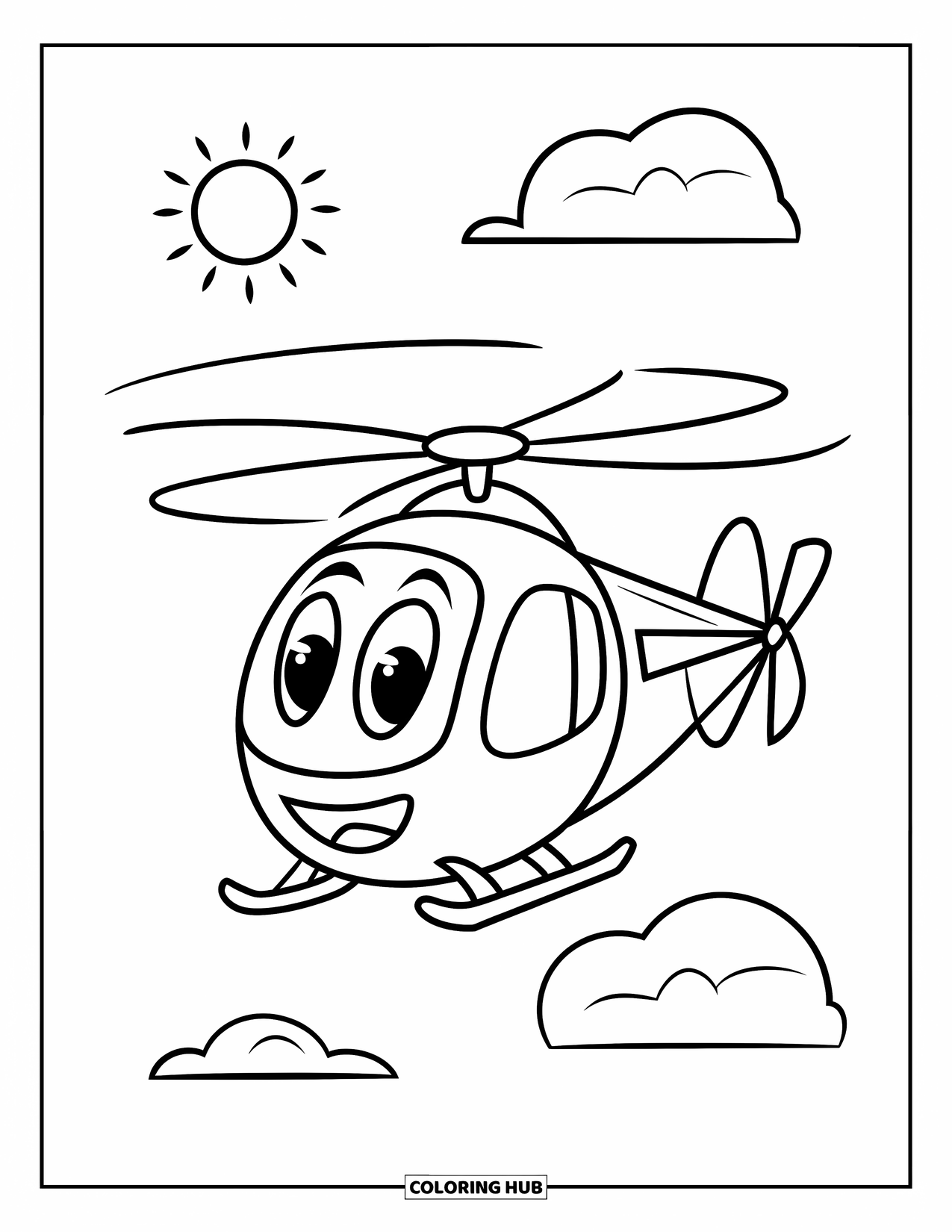 Helicopter Coloring Page for Kids: A smiling helicopter flying through the sky, with a small sun and fluffy clouds