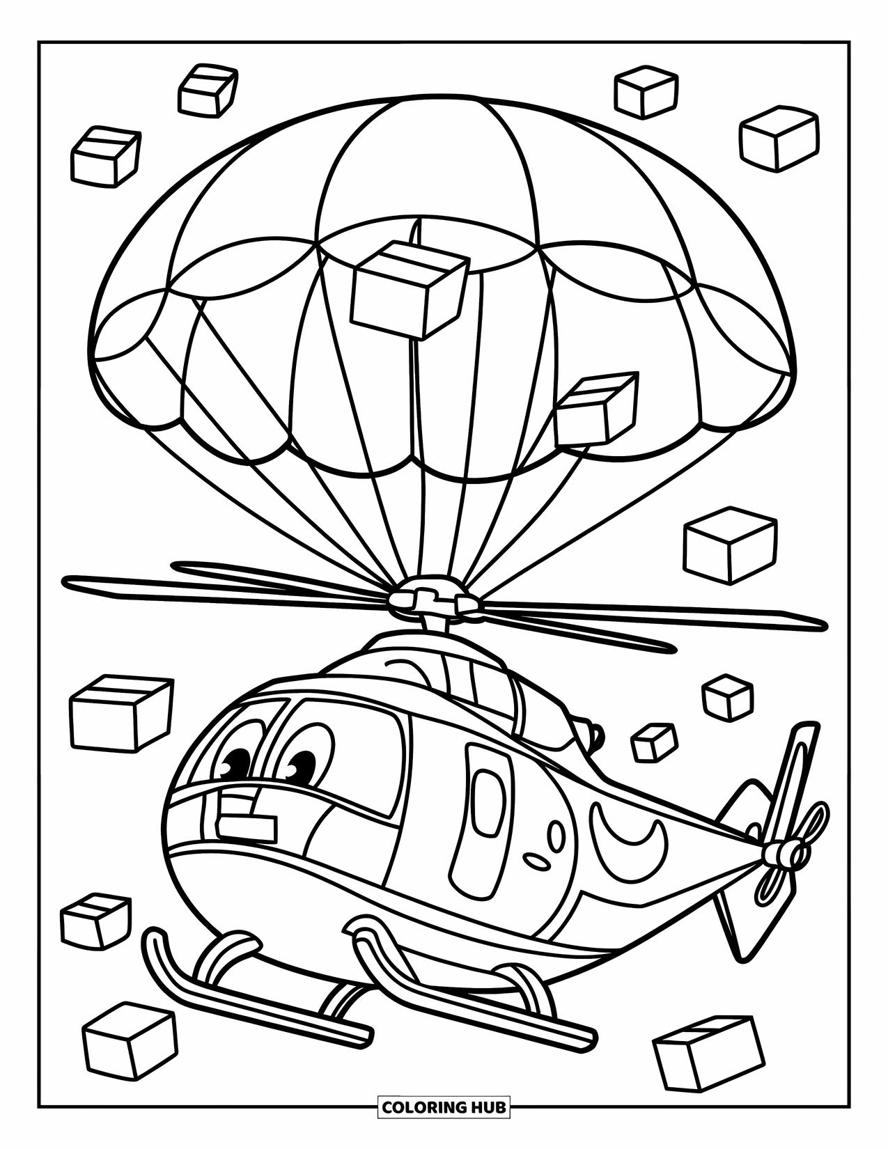 Helicopter Coloring Page for Kids: A smiling helicopter releasing parachutes with supplies, floating through the air