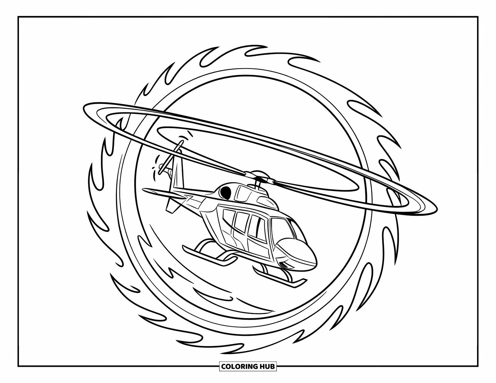 Helicopter Coloring Page for Kids: A stunt helicopter flies through a fiery ring, leaving a trail of smoke behind