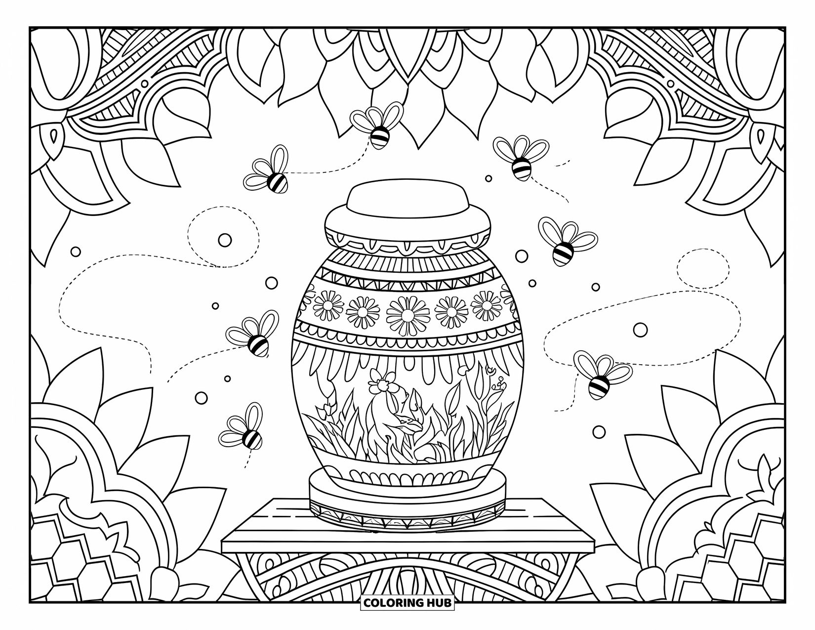 Honey Bee Coloring Page for Adults: A beautifully engraved honey jar with bees and flowing honey, creating a warm and inviting scene