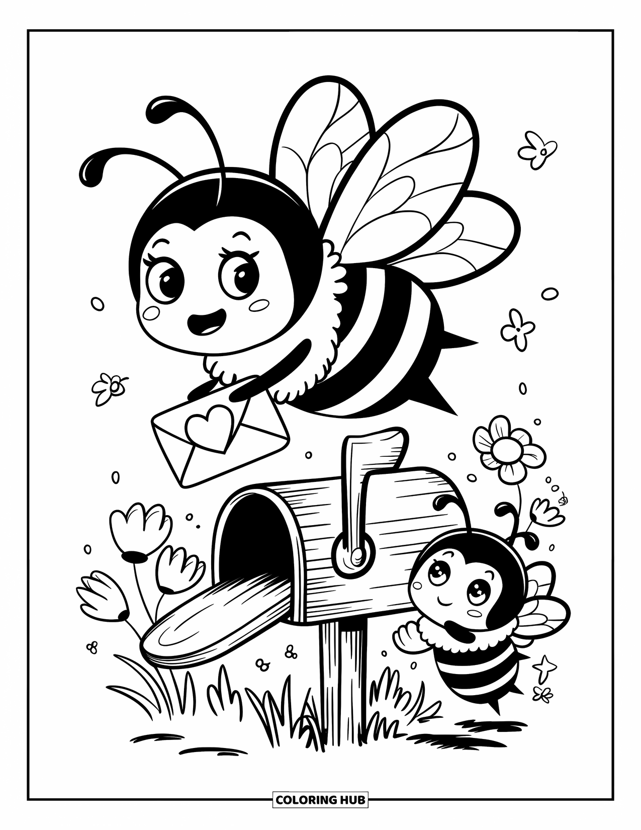 Honey Bee Coloring Page for Adults: A bee dressed as a messenger brings a tiny love letter to its destination