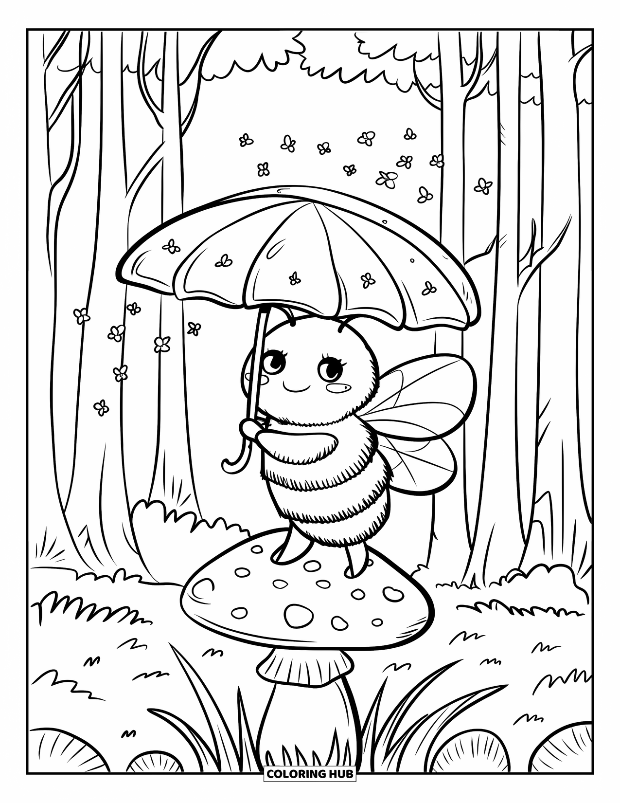 Honey Bee Coloring Page for Adults: A bee holds a clover leaf above its head, standing on a toadstool in a gentle breeze