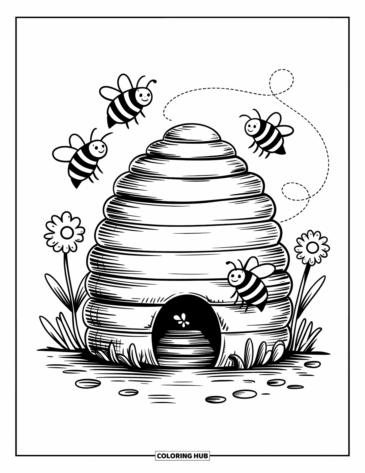 Honey Bee Coloring Page for Adults: A beehive sways gently from a tree branch while bees flutter around their home