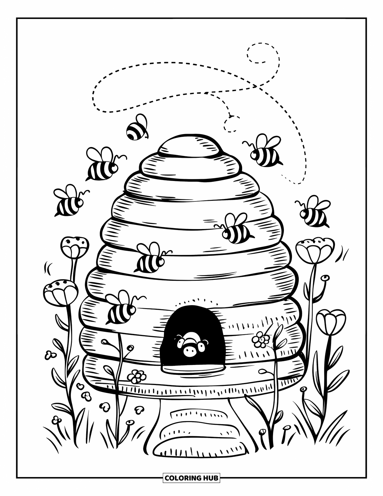 Honey Bee Coloring Page for Adults: A cozy beehive hangs from a tree as tiny bees buzz happily around it