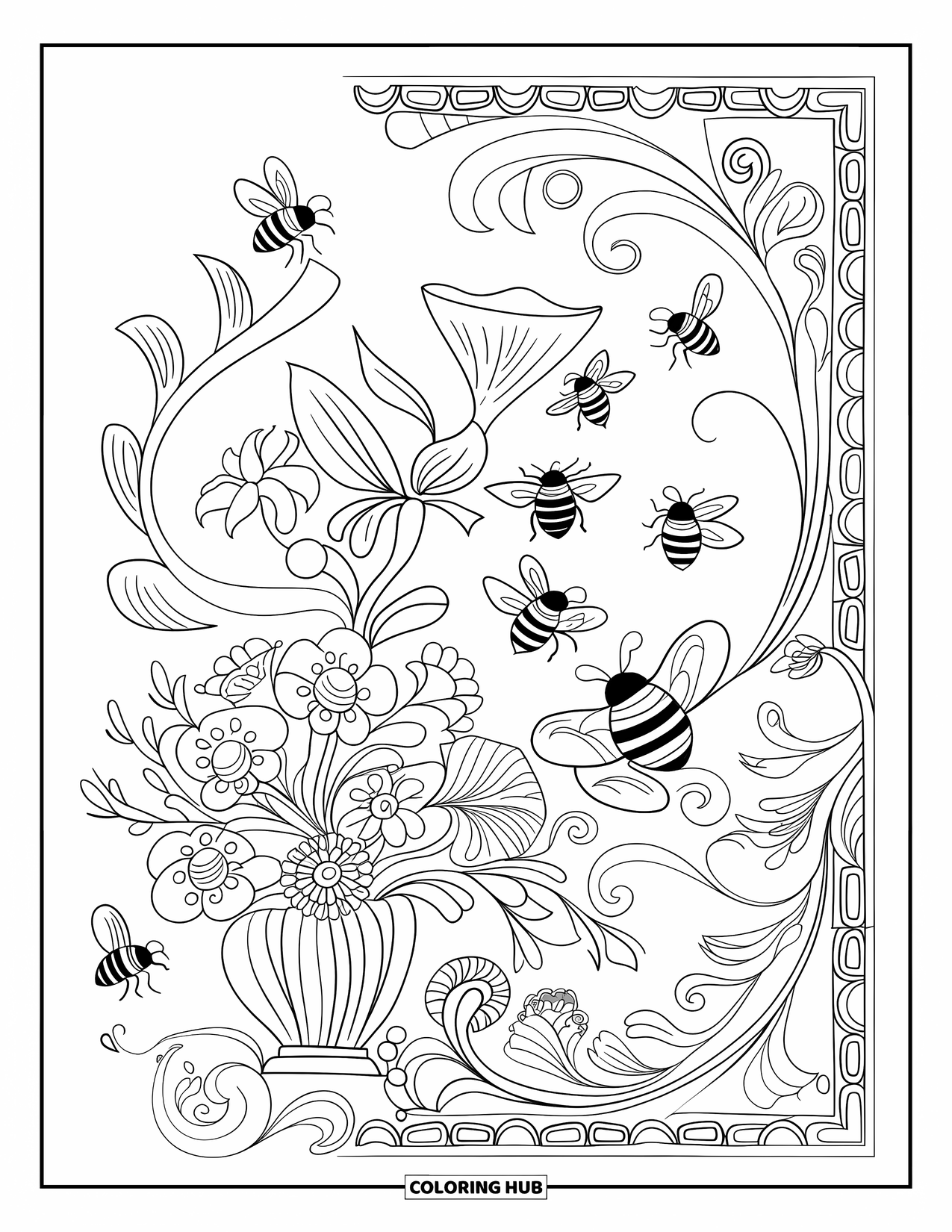 Honey Bee Coloring Page for Adults: A delicate floral vase with swirling details and buzzing bees, perfect for a serene moment