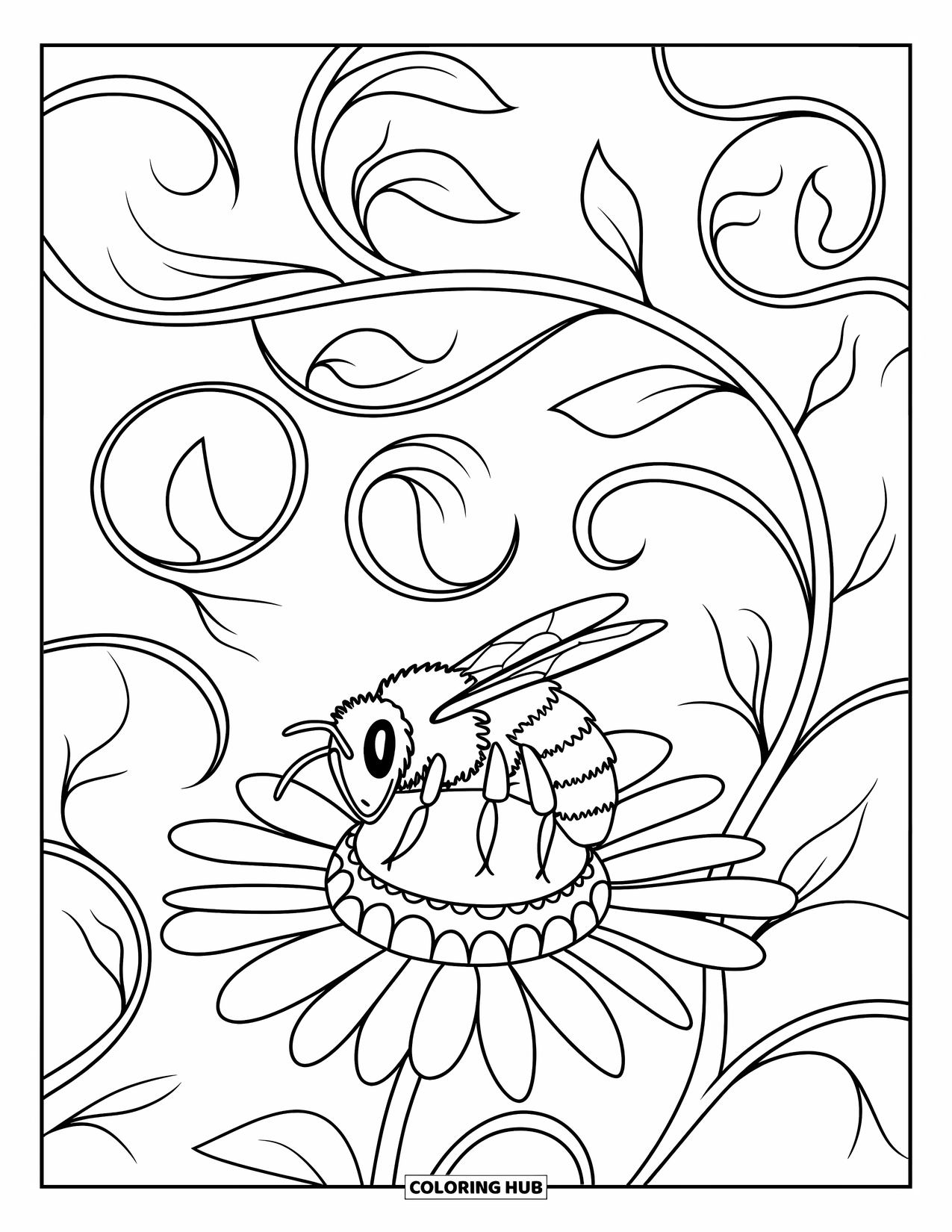 Honey Bee Coloring Page for Adults: A gentle bee perches on a flower, framed by swirling vines and delicate patterns