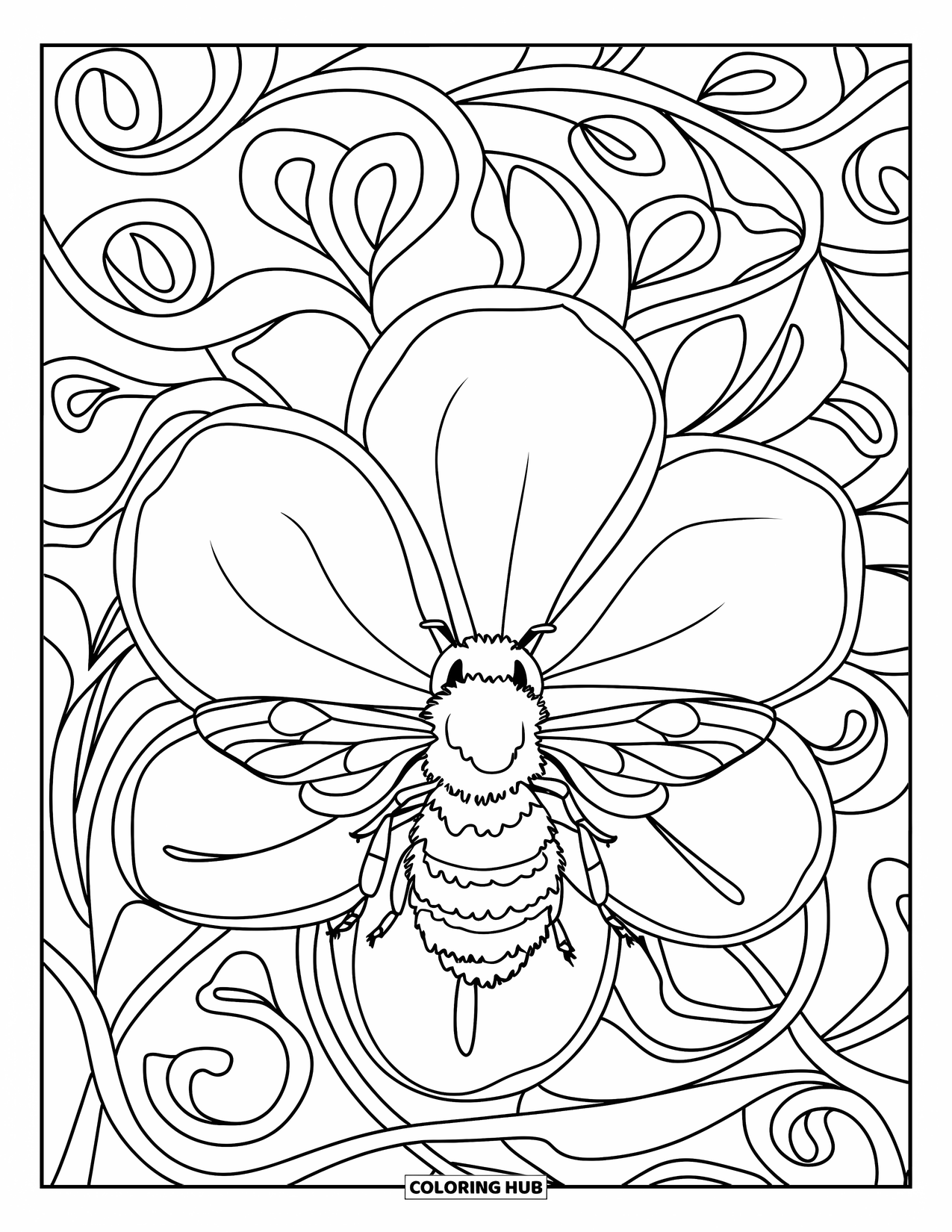 Honey Bee Coloring Page for Adults: A graceful bee enjoys a quiet moment on a flower, set against dreamy decorative swirls