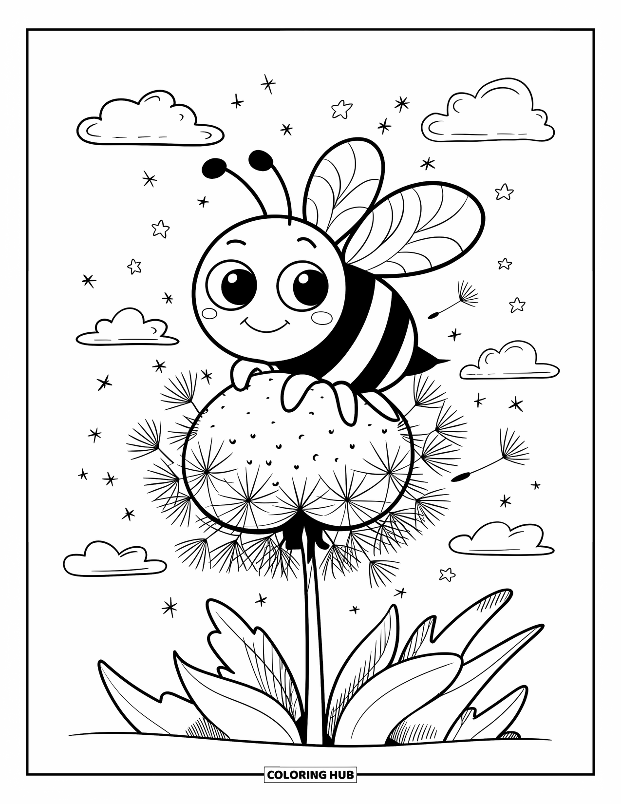 Honey Bee Coloring Page for Adults: A happy bee clings to a dandelion seed, floating among tiny drifting seeds