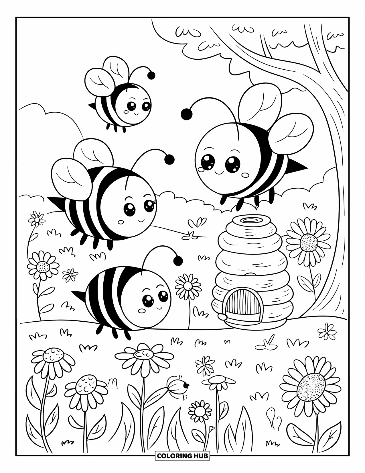 Honey Bee Coloring Page for Adults: A happy bee family buzzes together in a flower-filled meadow
