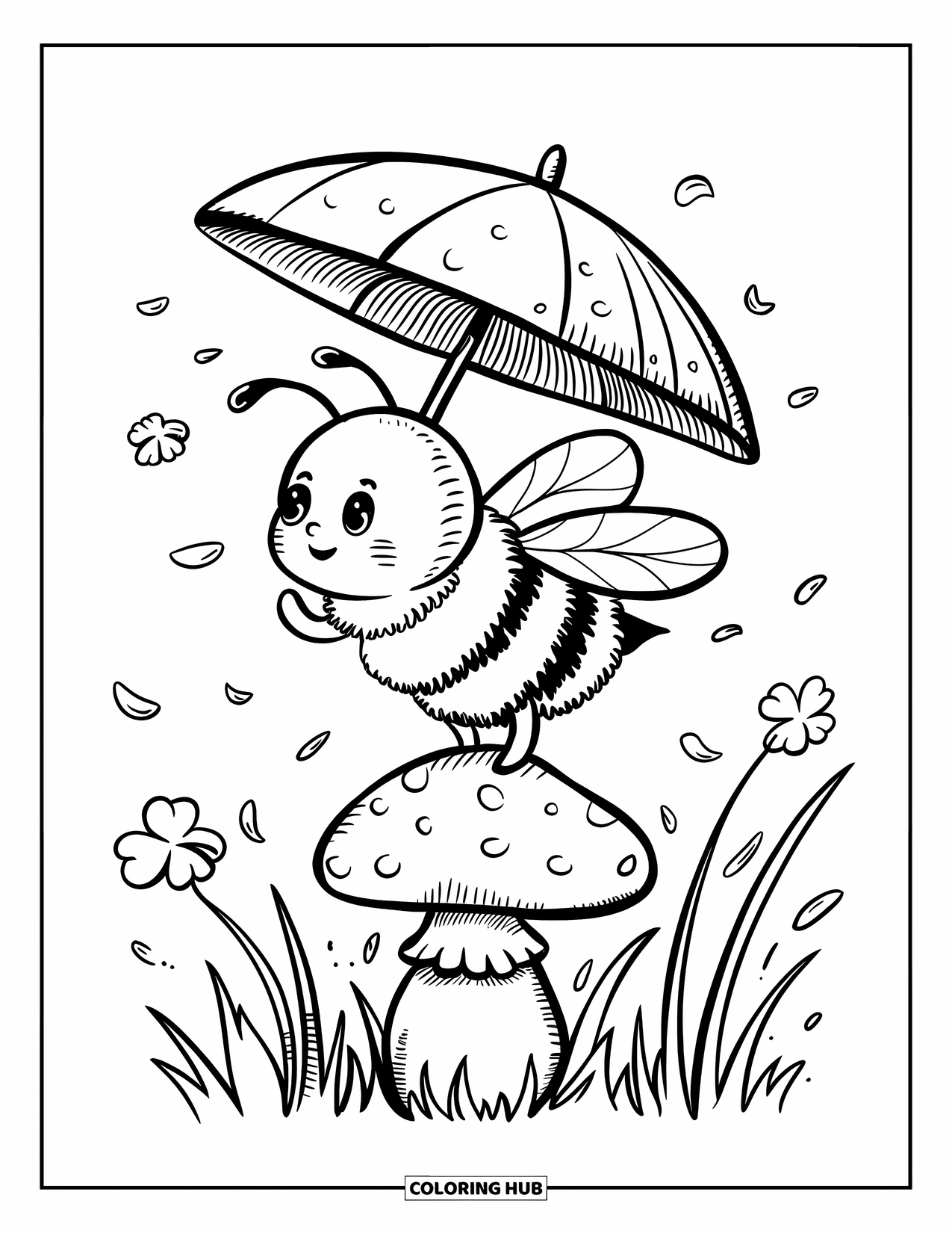 Honey Bee Coloring Page for Adults: A happy bee shields itself with a clover leaf as petals drift around in the breeze