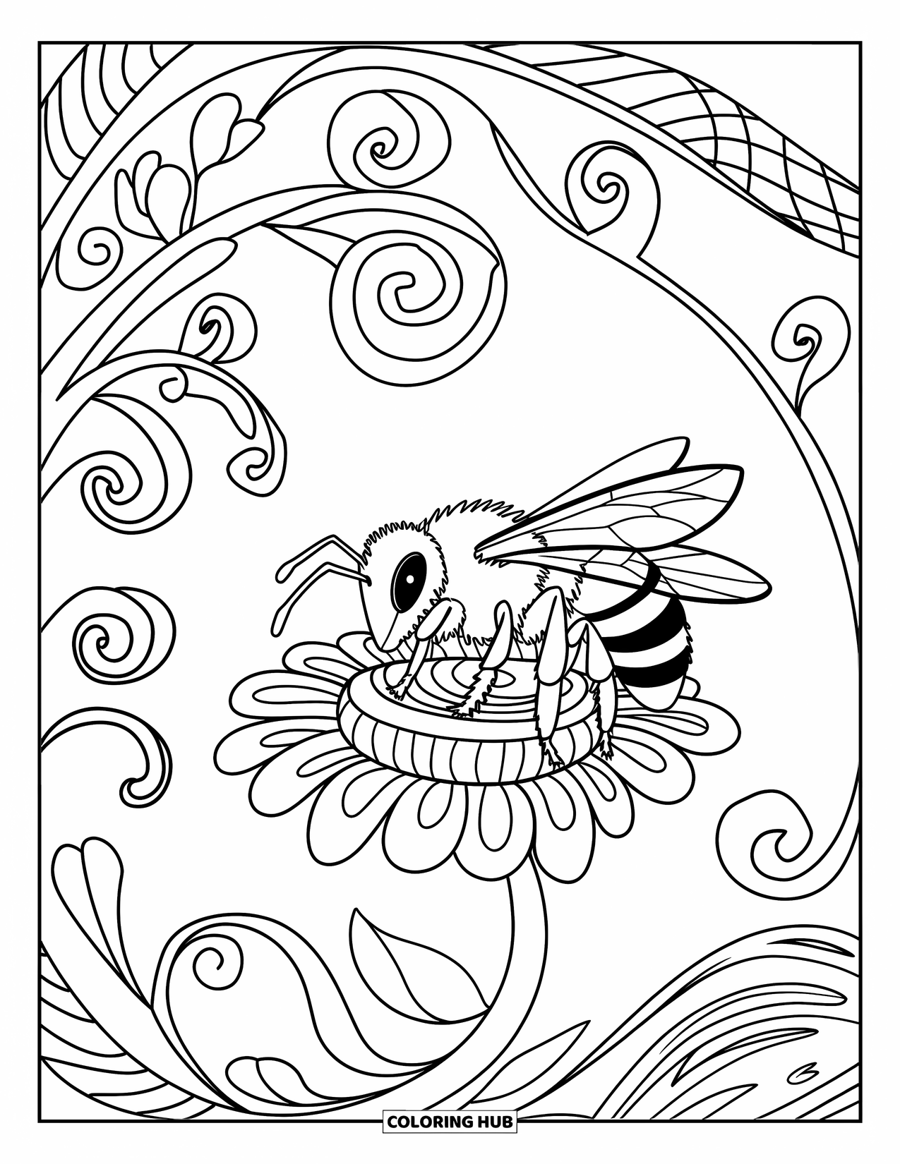 Honey Bee Coloring Page for Adults: A honey bee rests on a flower, surrounded by flowing vines and intricate details