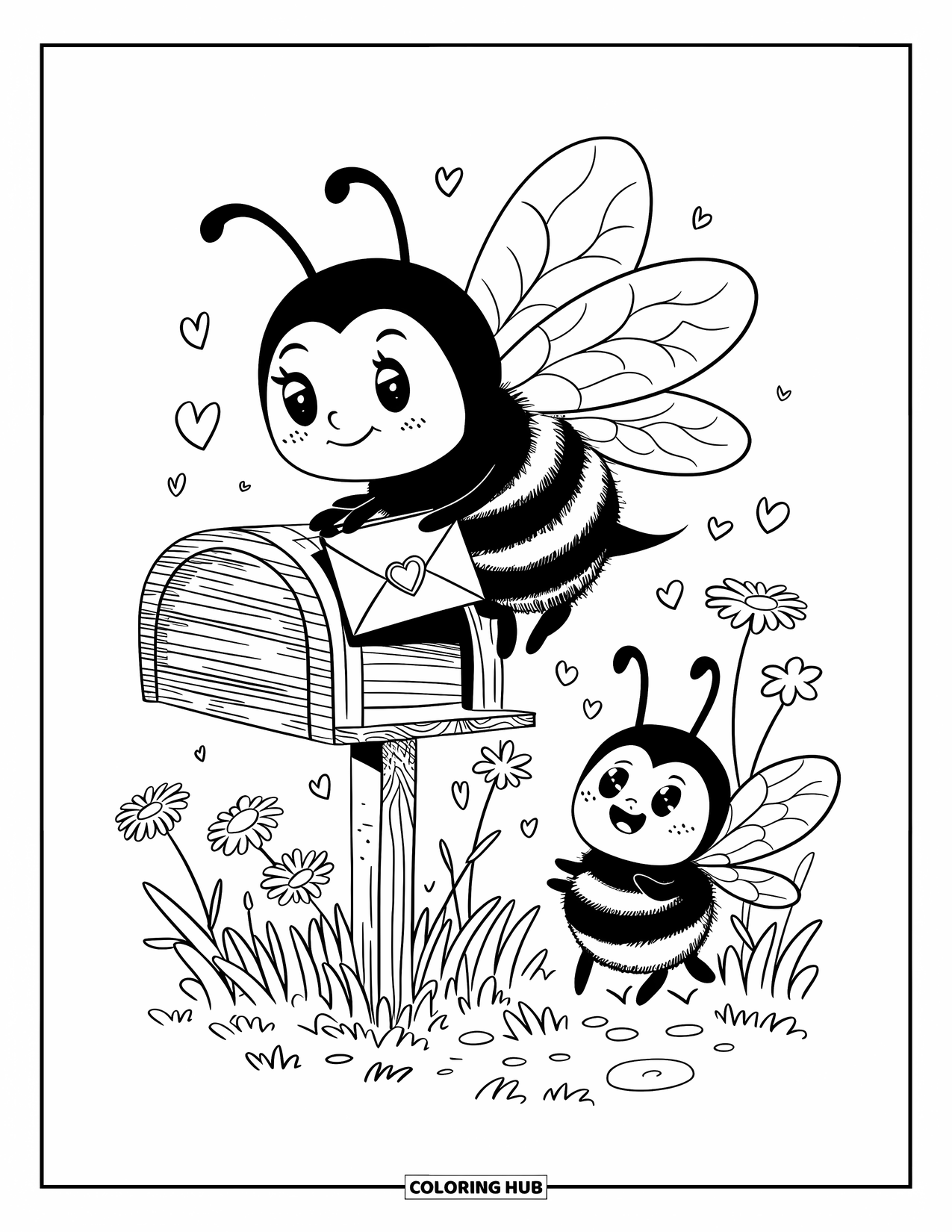 Honey Bee Coloring Page for Adults: A little bee delivers a love note, while another bee watches excitedly