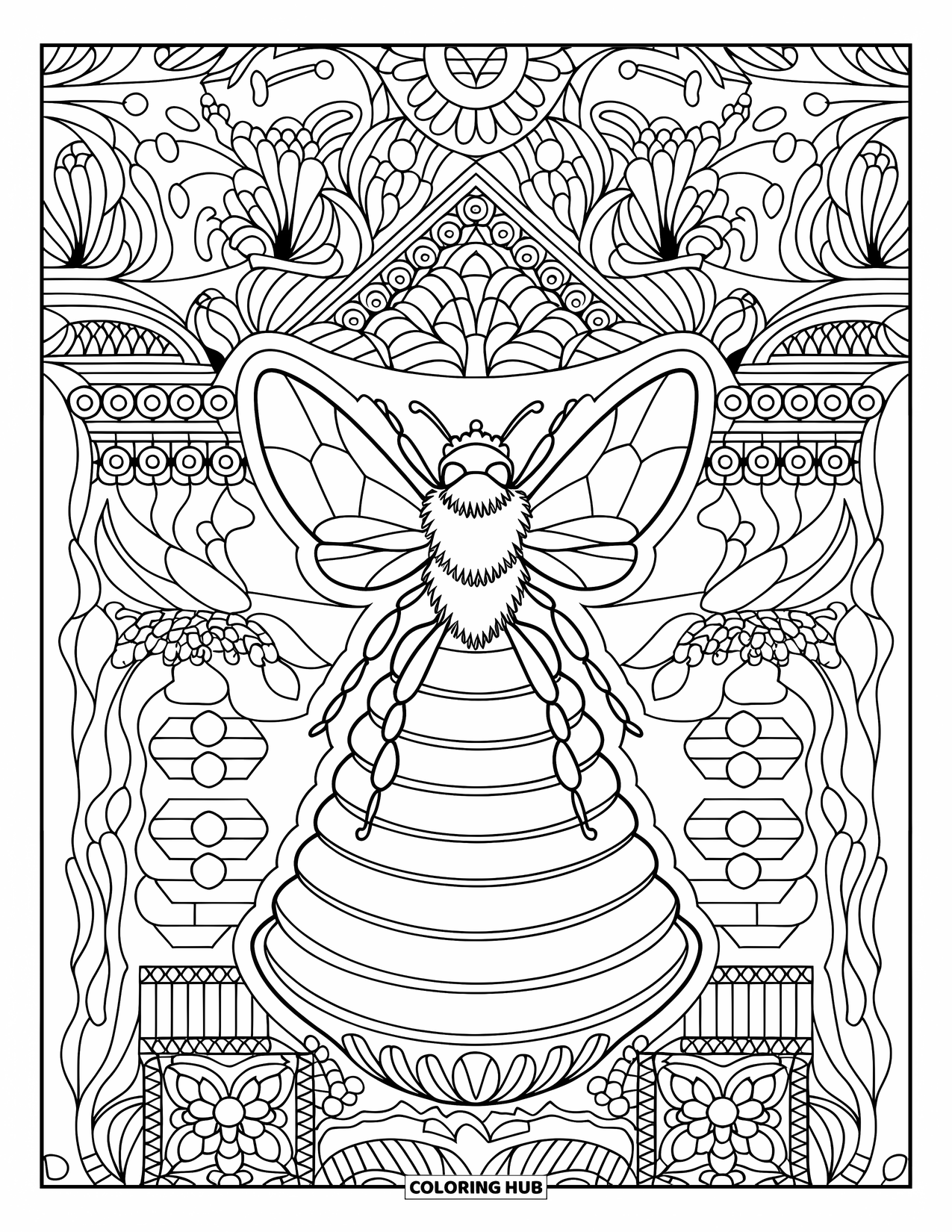 Honey Bee Coloring Page for Adults: A majestic queen bee rests on her throne, surrounded by elegant honeycomb designs