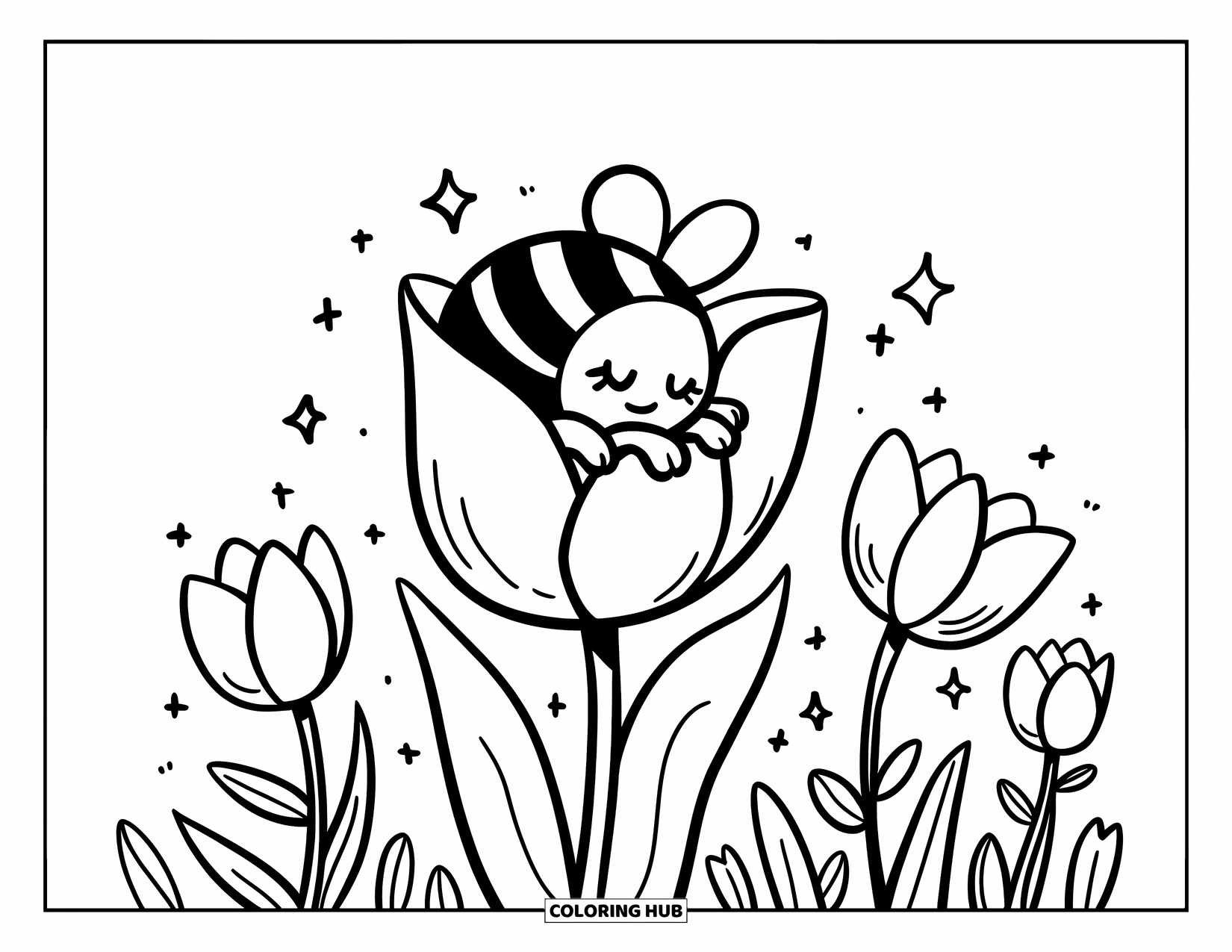 Honey Bee Coloring Page for Adults: A sleepy bee snuggles inside a tulip, surrounded by swaying flowers and tiny sparkles