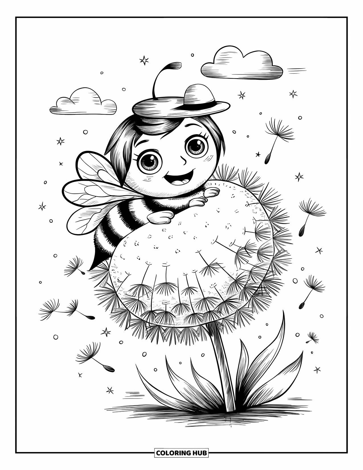 Honey Bee Coloring Page for Adults: A tiny bee clings to a dandelion seed, enjoying the gentle ride through the breeze