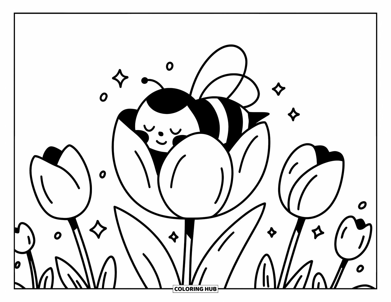 Honey Bee Coloring Page for Adults: A tiny bee peeks out from a tulip, its eyes heavy with sleep
