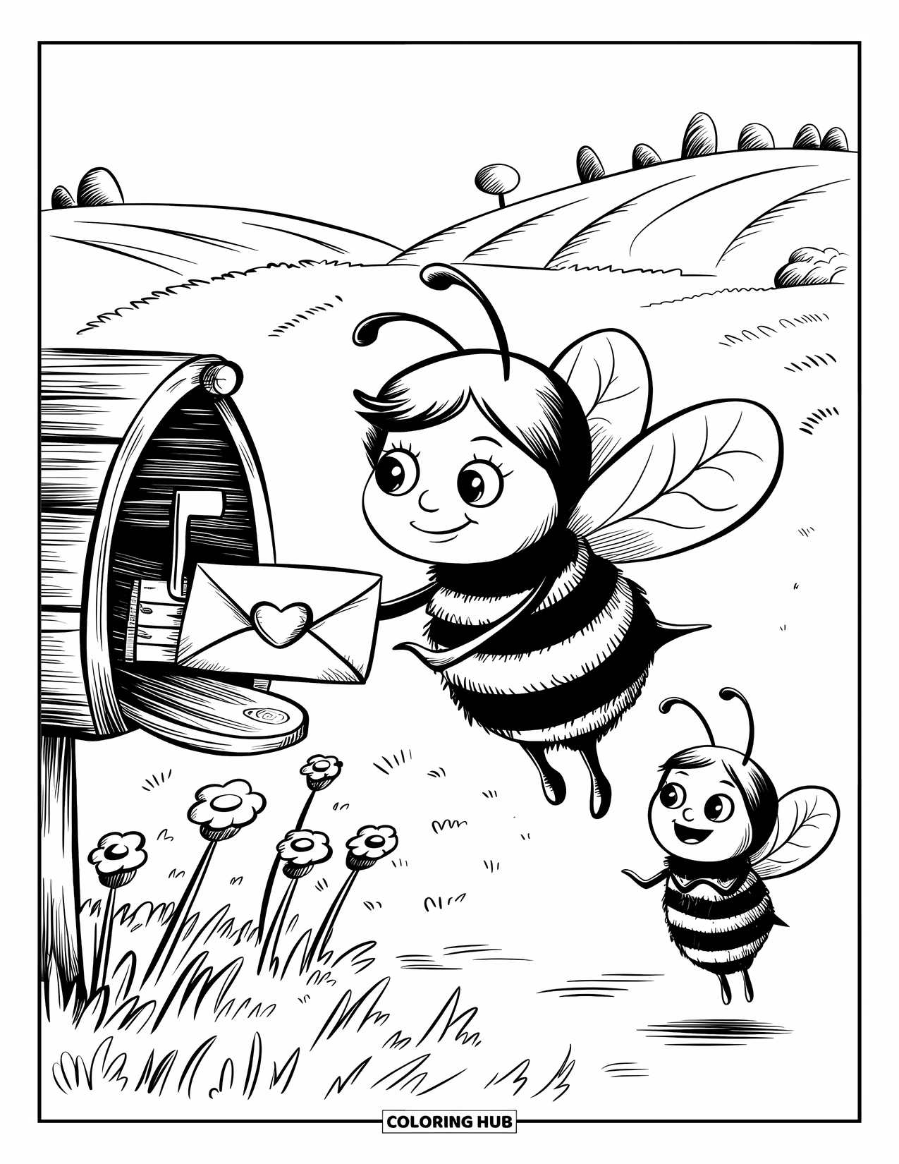 Honey Bee Coloring Page for Adults: A tiny bee with a heart-sealed envelope perches on a wooden mailbox
