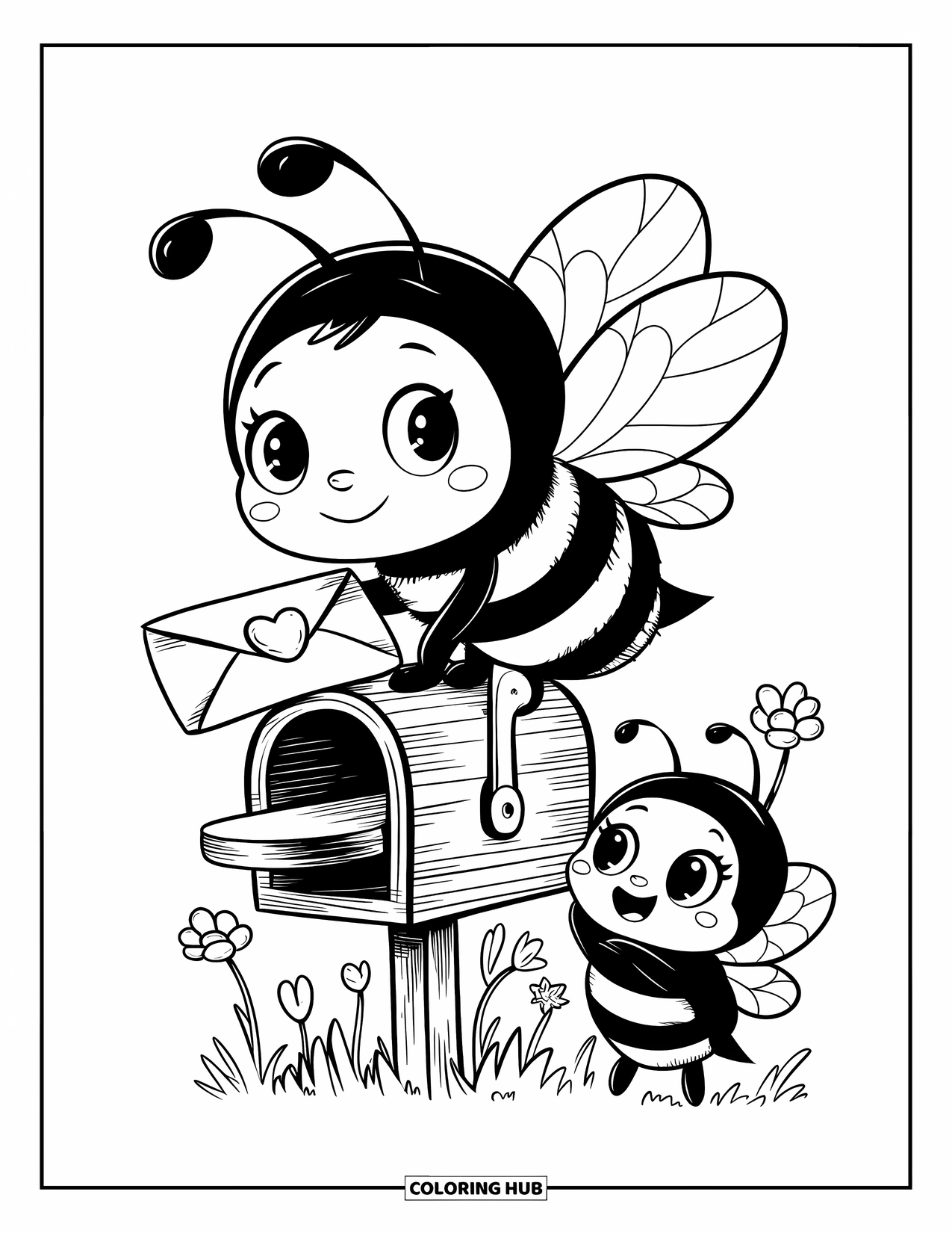 Honey Bee Coloring Page for Adults: A tiny messenger bee carries a love letter, flying toward a wooden mailbox