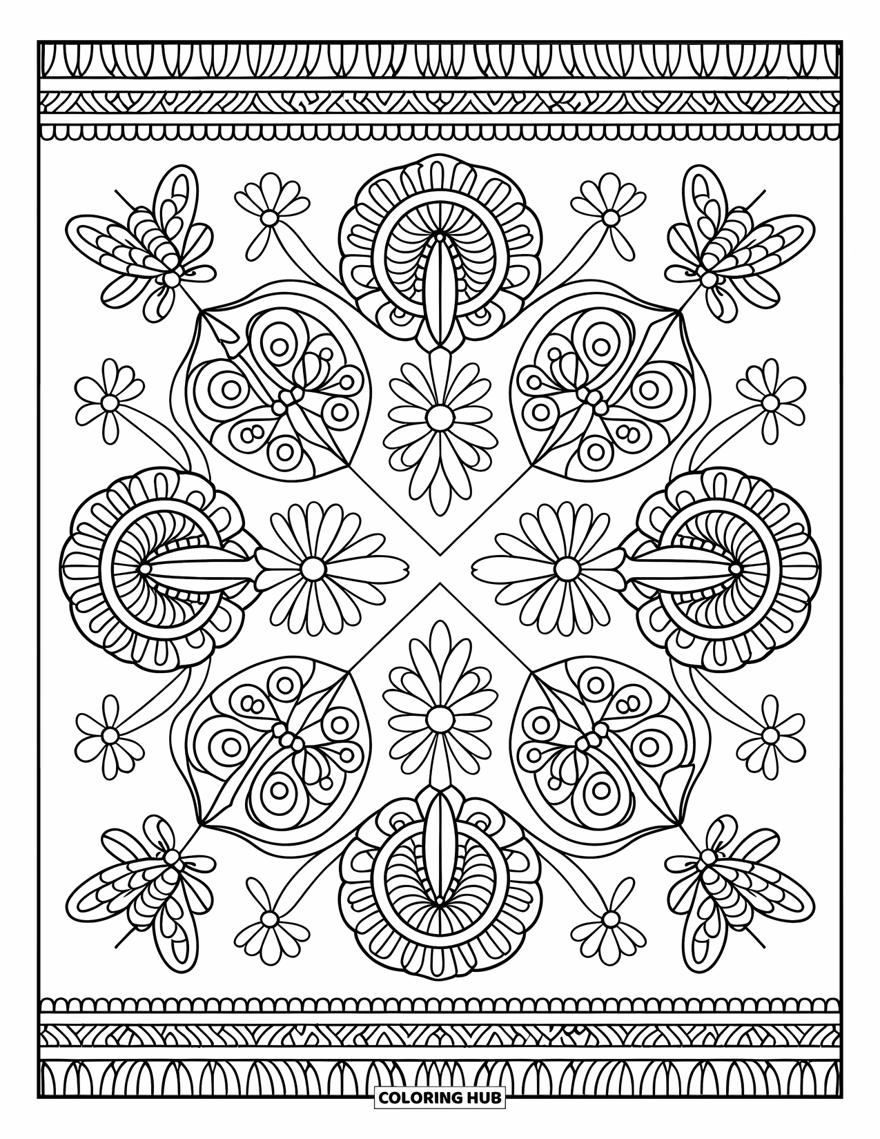 Honey Bee Coloring Page for Adults: An elegant mix of bees, flowers, and swirling vines, creating a balanced composition