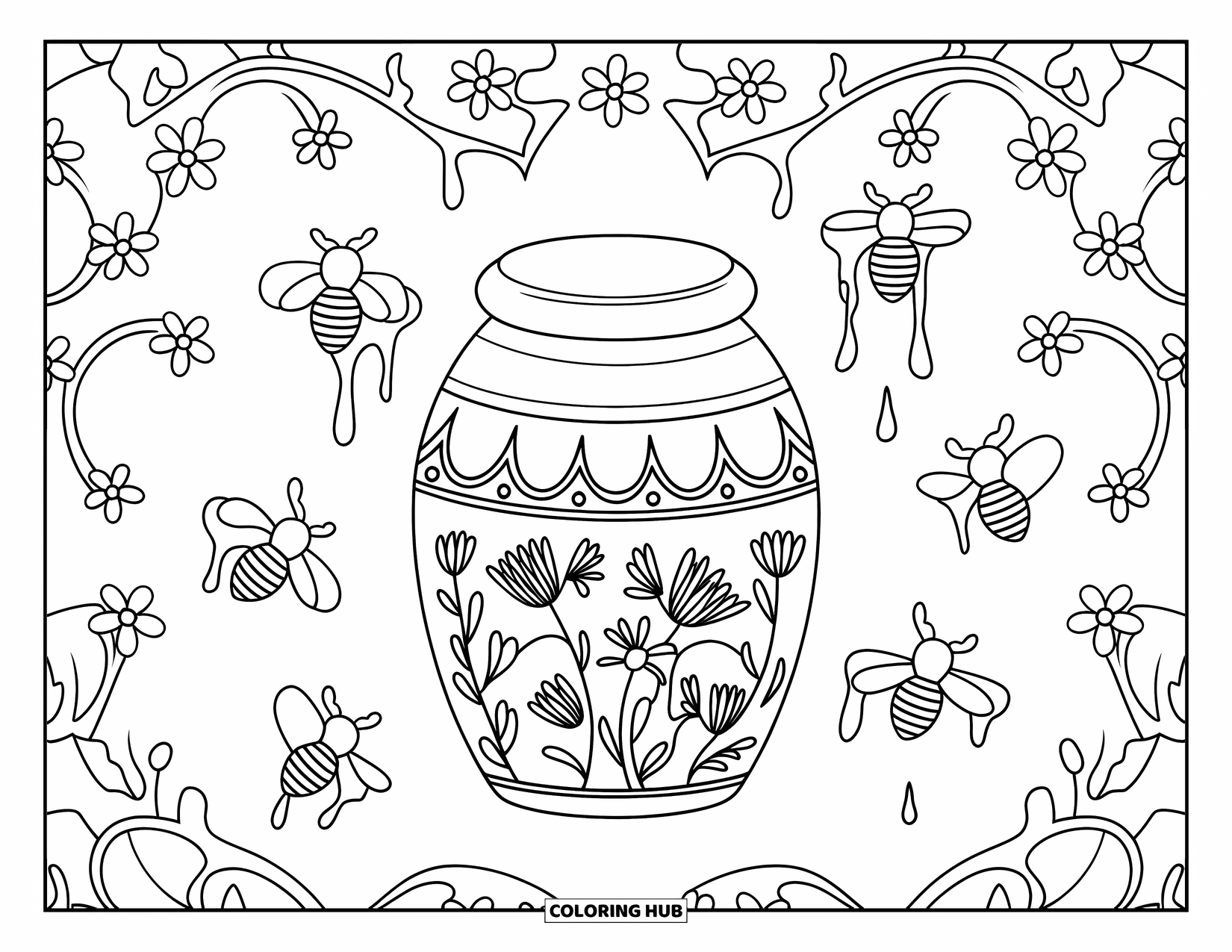 Honey Bee Coloring Page for Adults: An ornate honey jar with bees and floral patterns, set against a decorative background