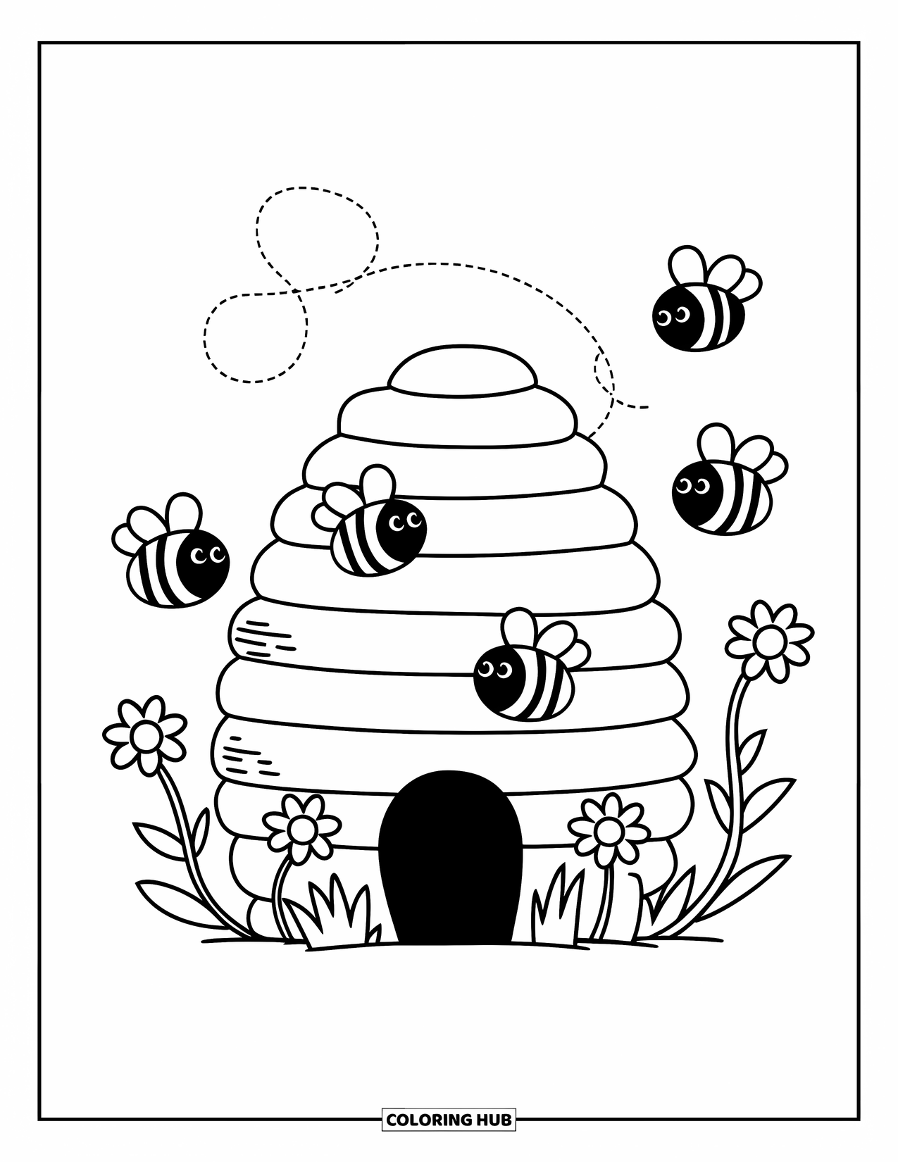 Honey Bee Coloring Page for Adults: Bees buzz around a little beehive, following a dotted path through the air