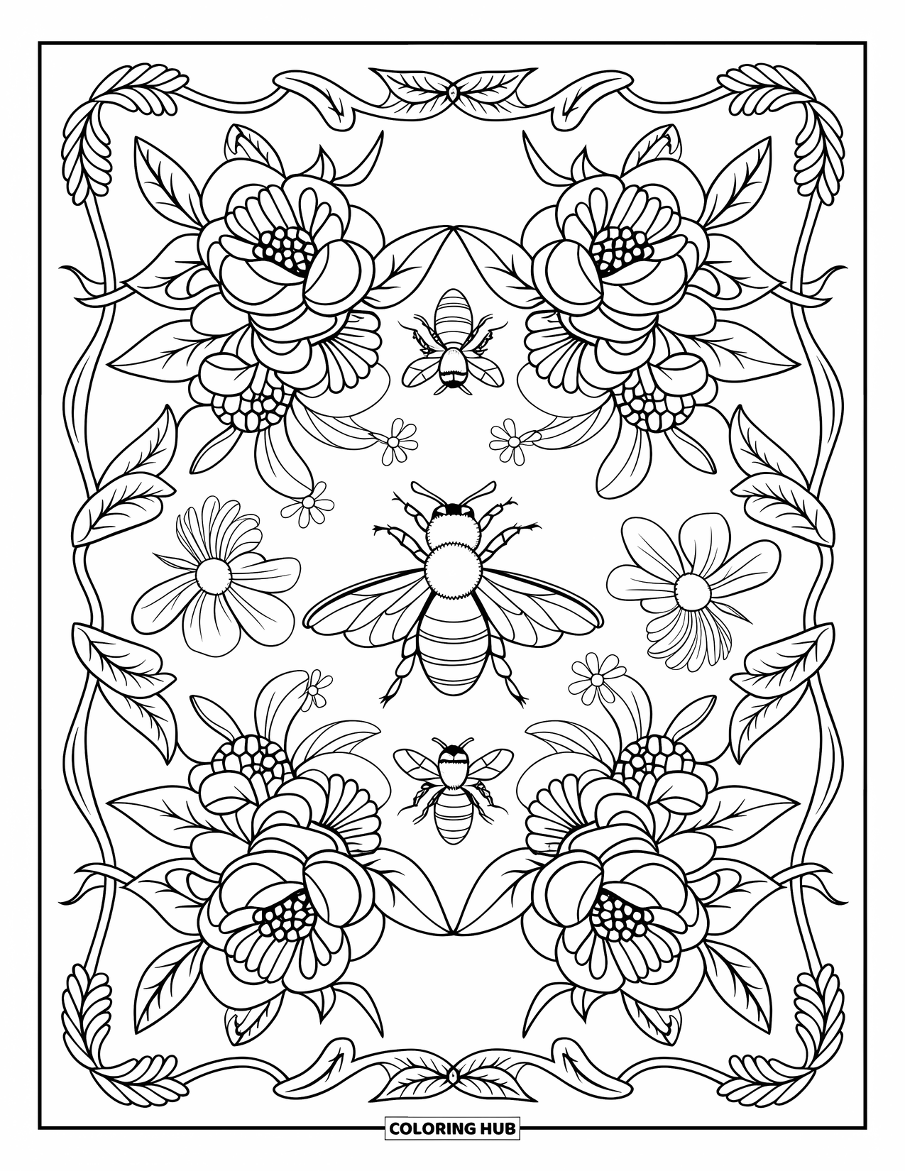 Honey Bee Coloring Page for Adults: Bees explore a beautifully arranged floral pattern, surrounded by delicate leafy borders