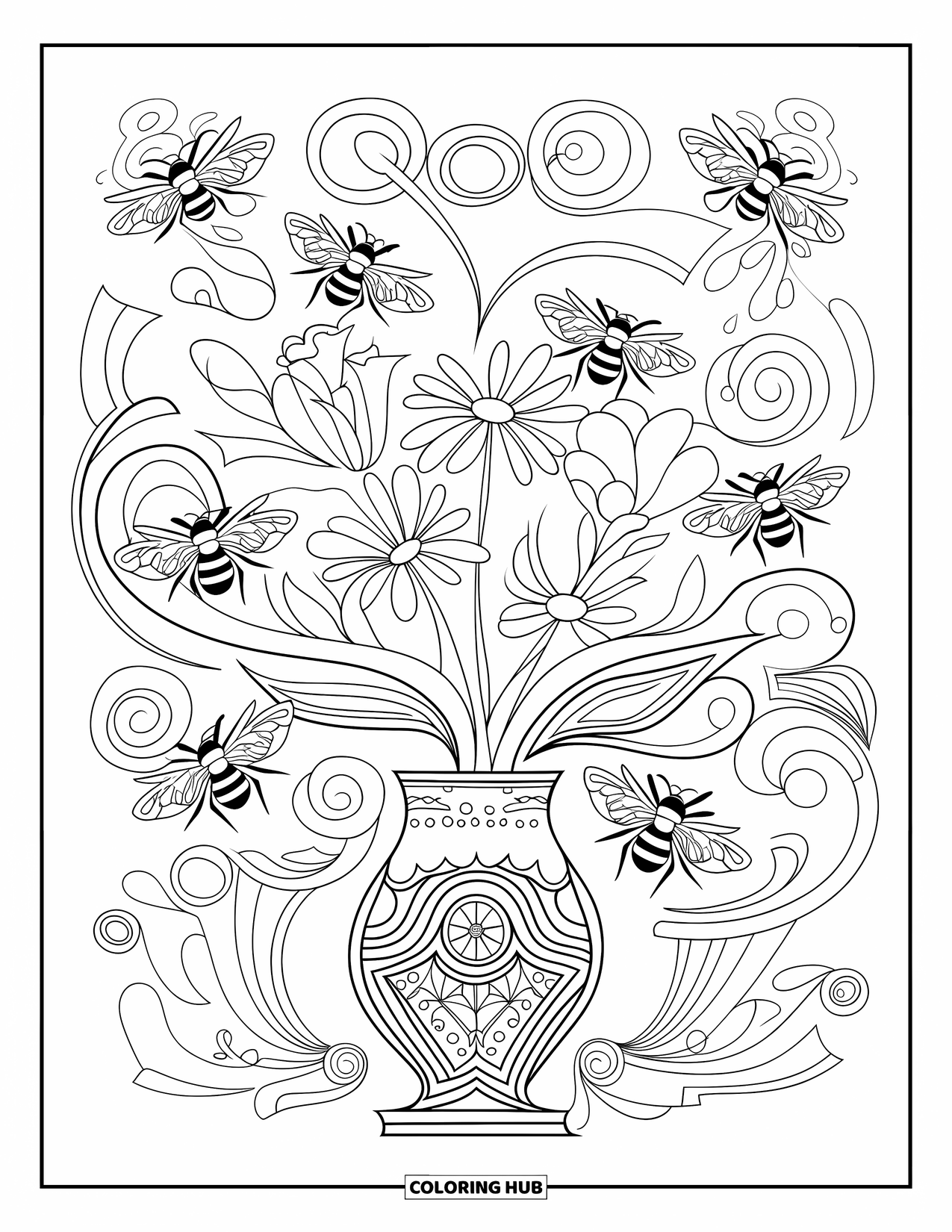 Honey Bee Coloring Page for Adults: Bees flutter among flowers and swirls, creating a peaceful and artistic arrangement
