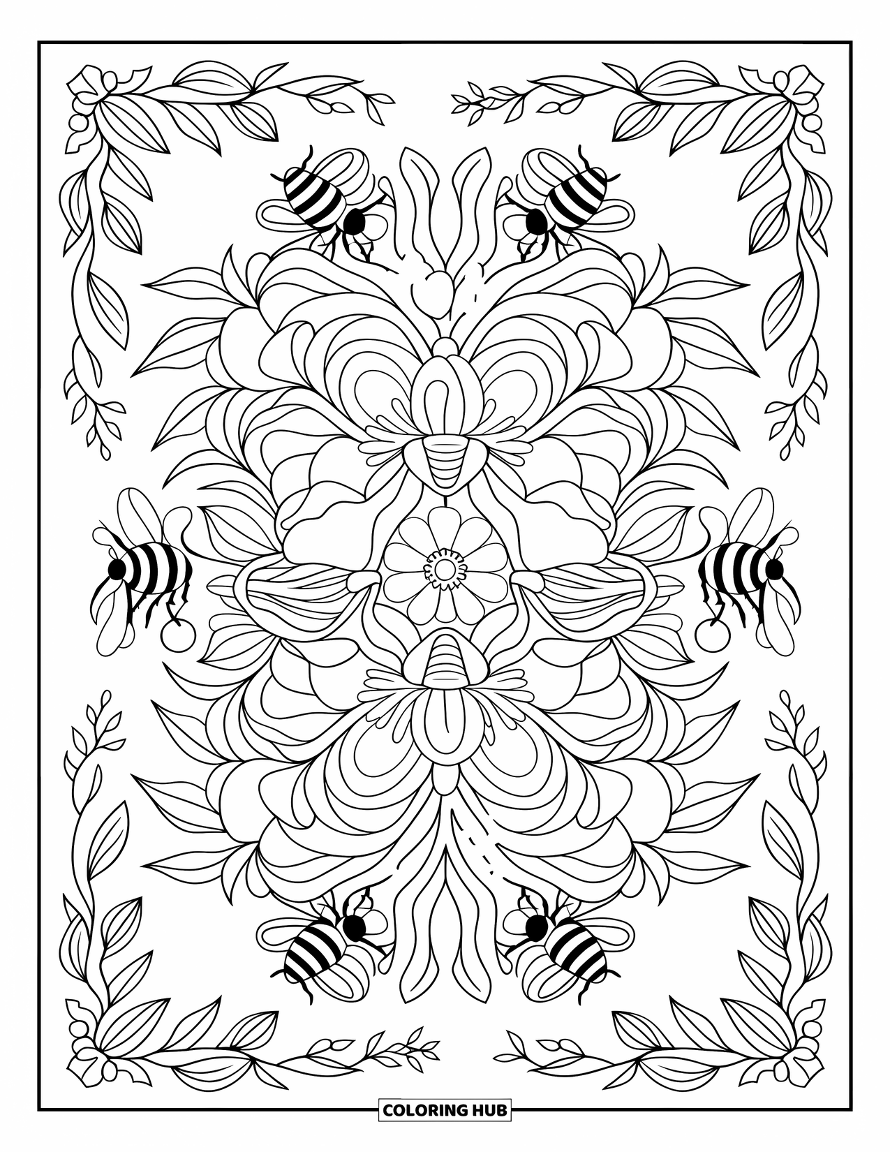 Honey Bee Coloring Page for Adults: Bees flutter around a symmetrical floral scene, filled with roses, lilies, and daisies