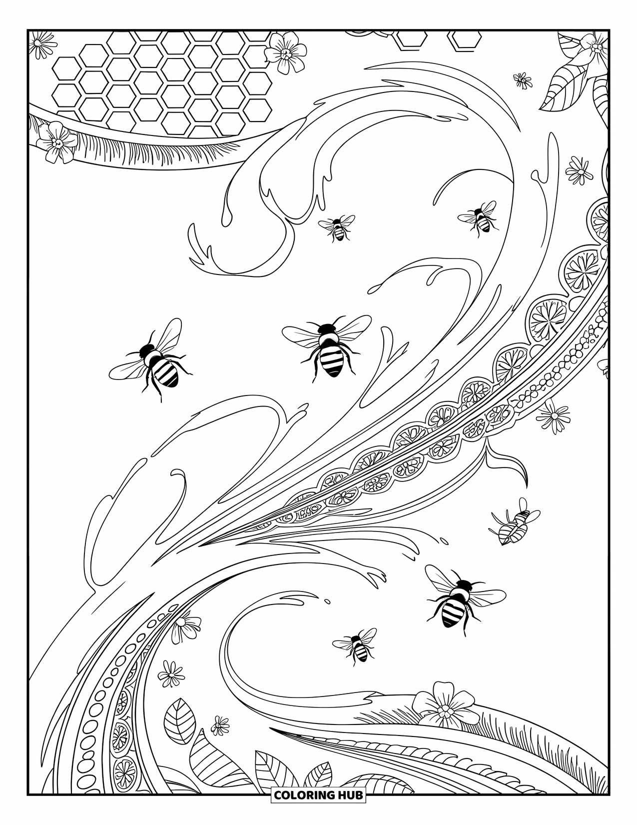 Honey Bee Coloring Page for Adults: Bees glide through a honey splash, framed by delicate decorative elements