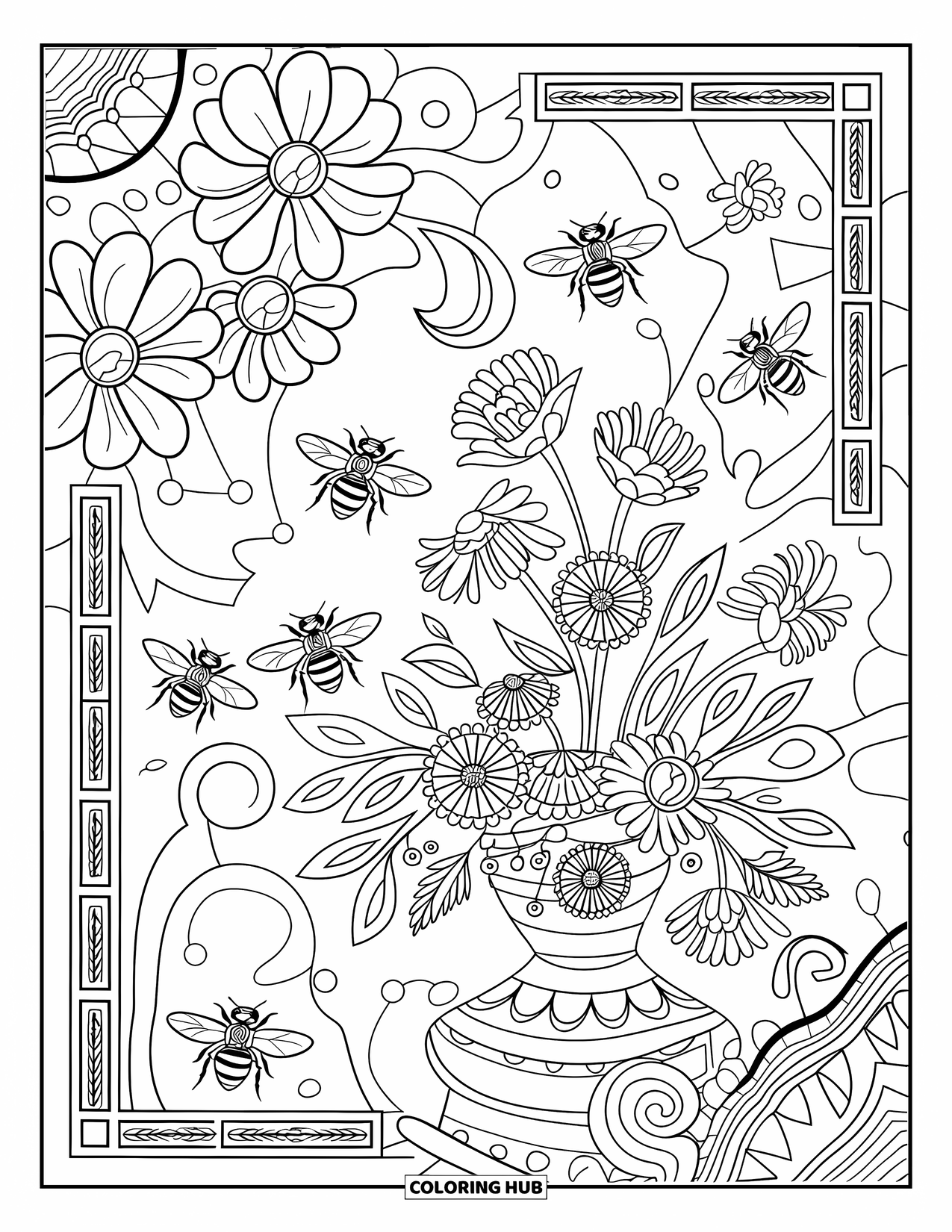 Honey Bee Coloring Page for Adults: Bees hover over a lovely floral vase, framed by elegant swirling vines