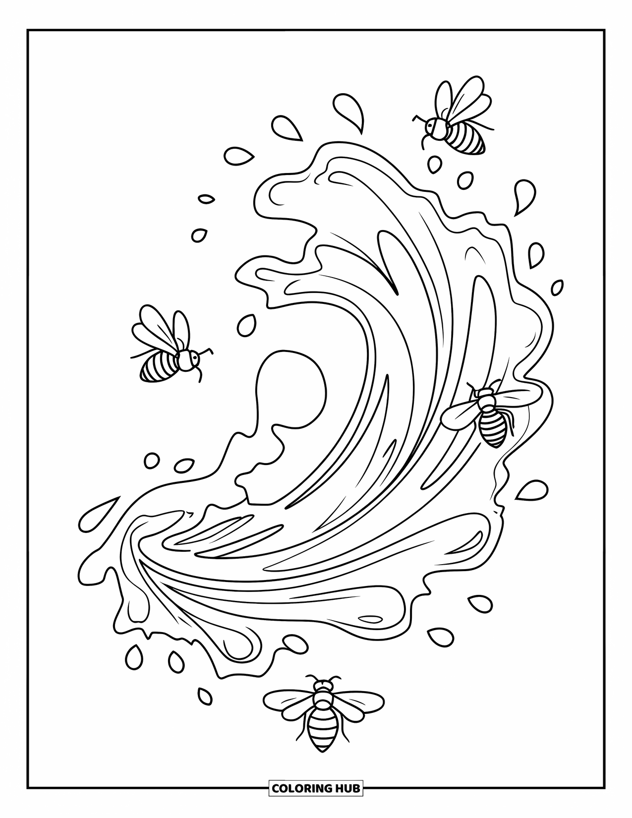 Honey Bee Coloring Page for Adults: Bees swirl around a honey splash, surrounded by artistic flowing lines
