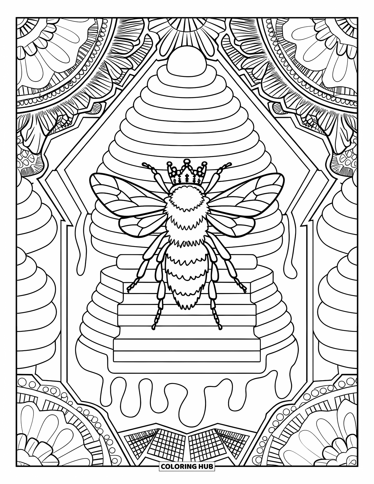 Honey Bee Coloring Page for Adults: The queen bee reigns from a grand honey throne, framed by decorative patterns