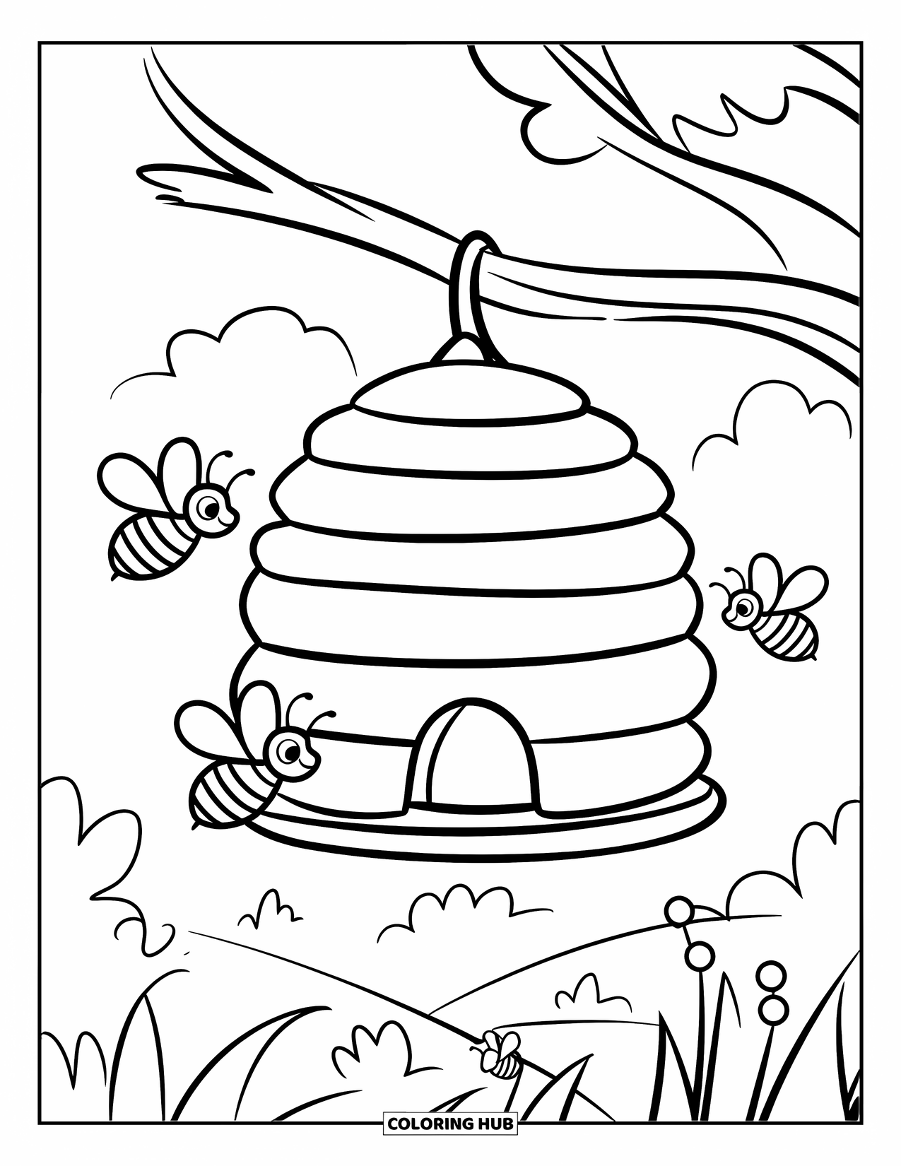 Honey Bee Coloring Page for Kids: A beehive hangs from a branch while a few buzzing bees fly around it