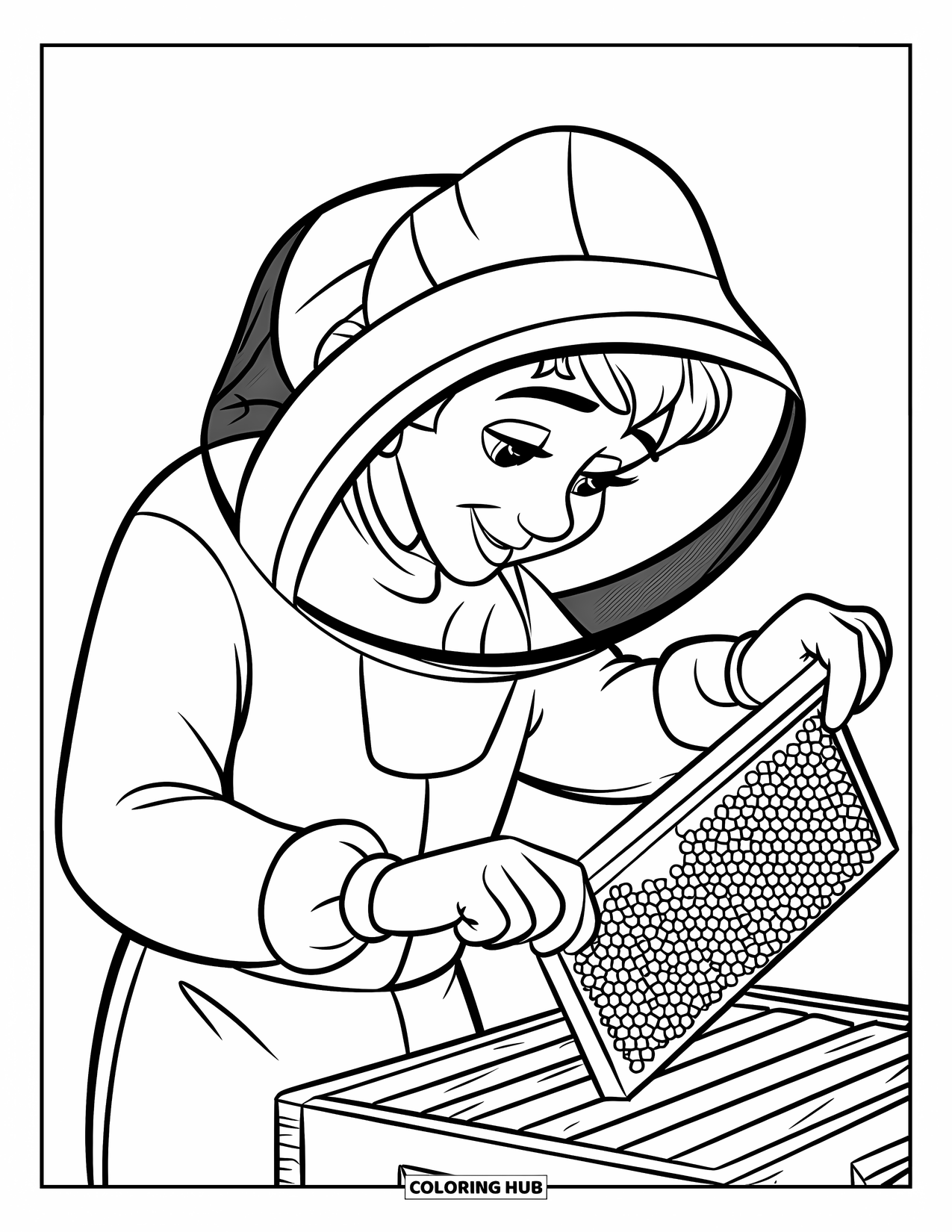 Honey Bee Coloring Page for Kids: A beekeeper in a protective suit carefully examines a honeycomb filled with buzzing bees
