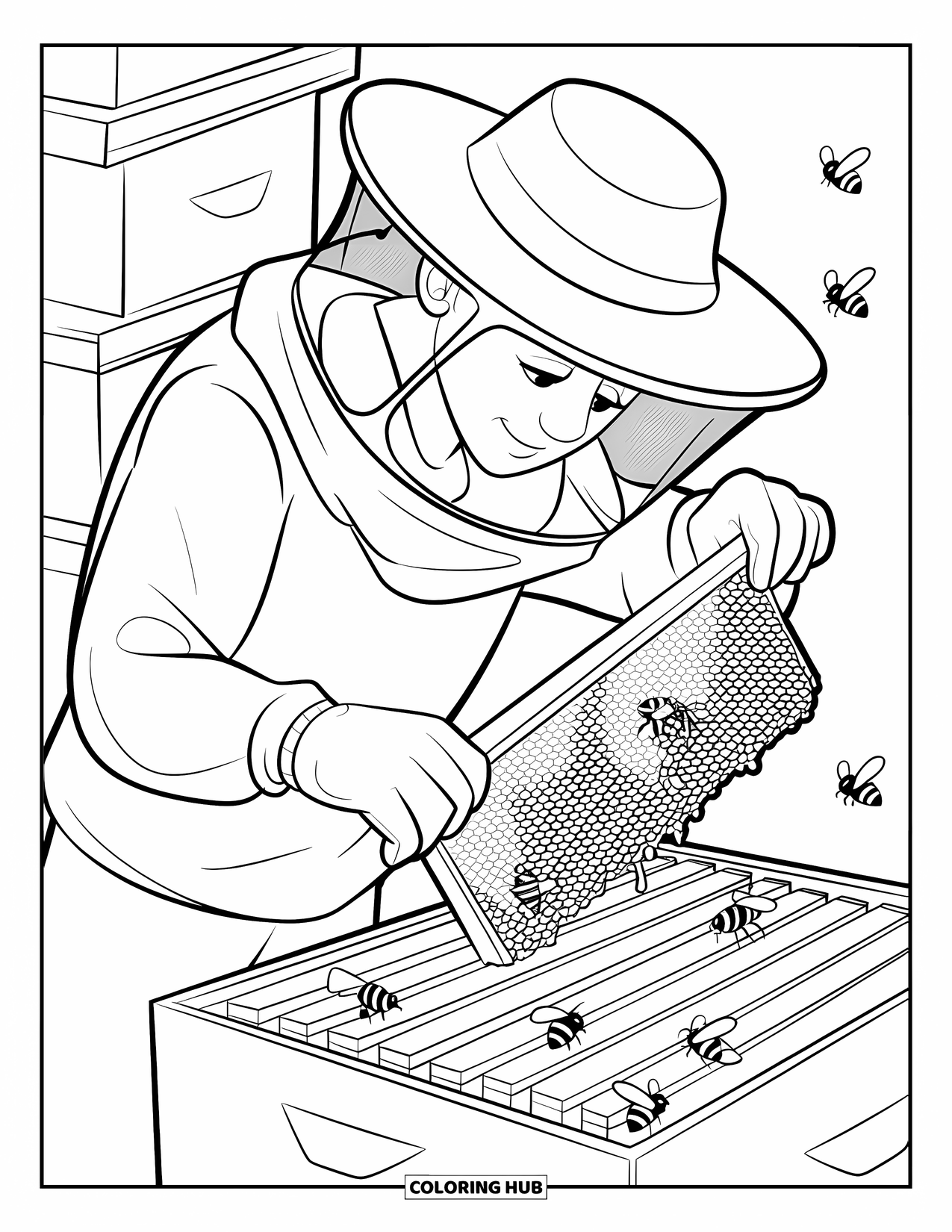 Honey Bee Coloring Page for Kids: A beekeeper inspects a honeycomb frame, ensuring the bees are thriving and healthy