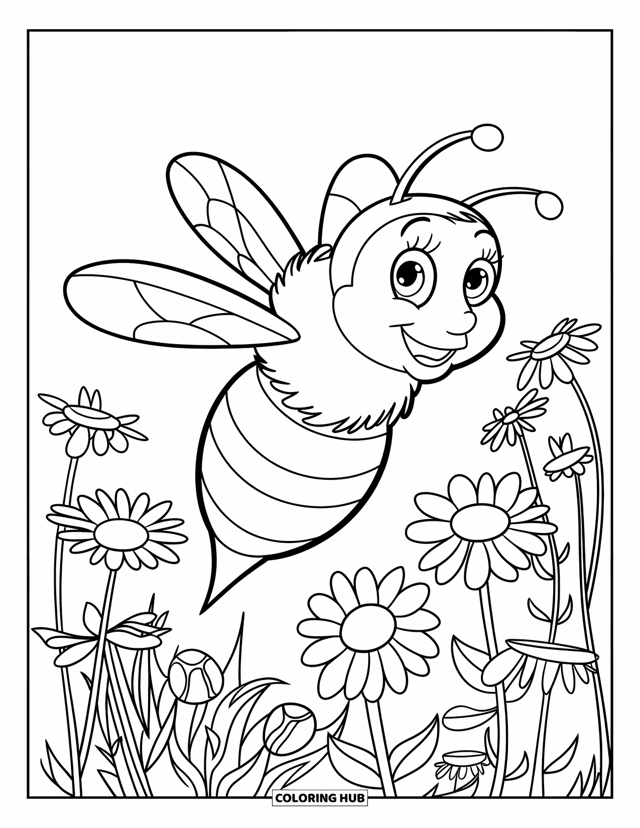 Honey Bee Coloring Page for Kids: A buzzing bee glides through a meadow filled with blooming daisies and wildflowers