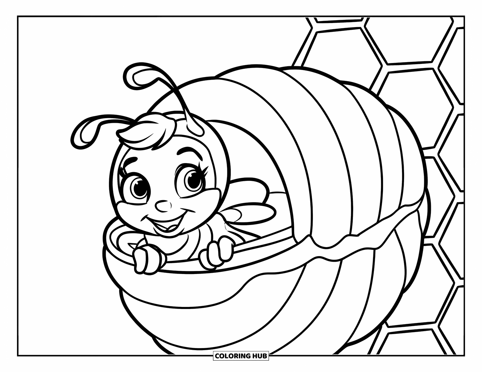 Honey Bee Coloring Page for Kids: A cheerful bee peeks out from a honeycomb cell, waving hello