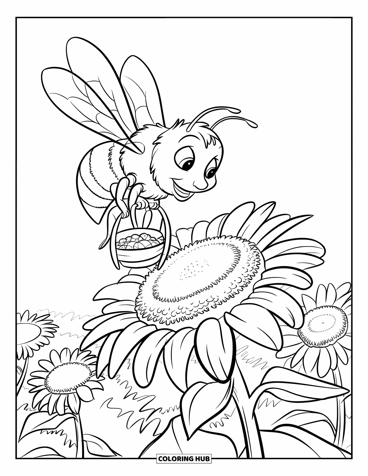 Honey Bee Coloring Page for Kids: A cheerful bee with a pollen basket gently lands on a bright sunflower