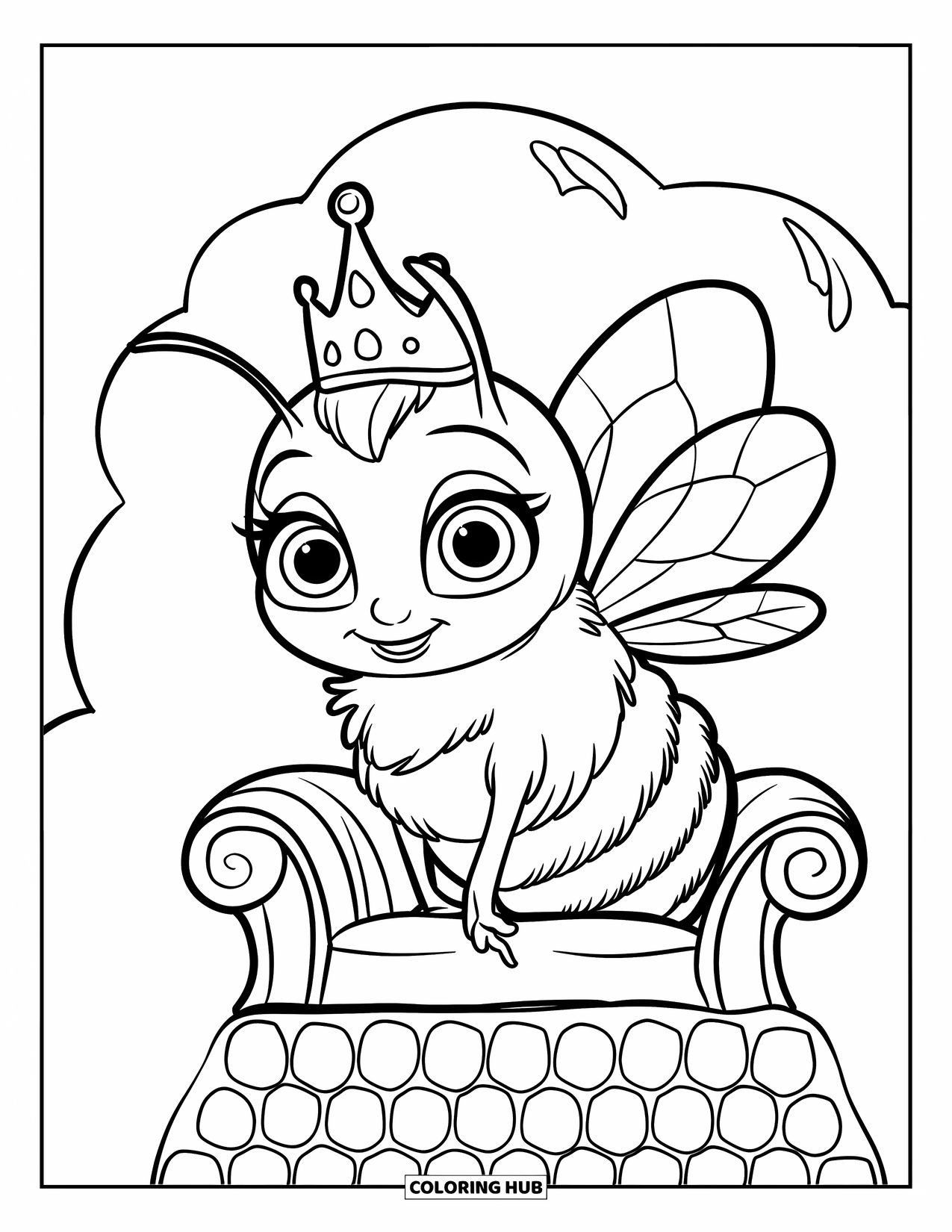 Honey Bee Coloring Page for Kids: A cheerful bee with a tiny crown lounges on a golden honeycomb throne